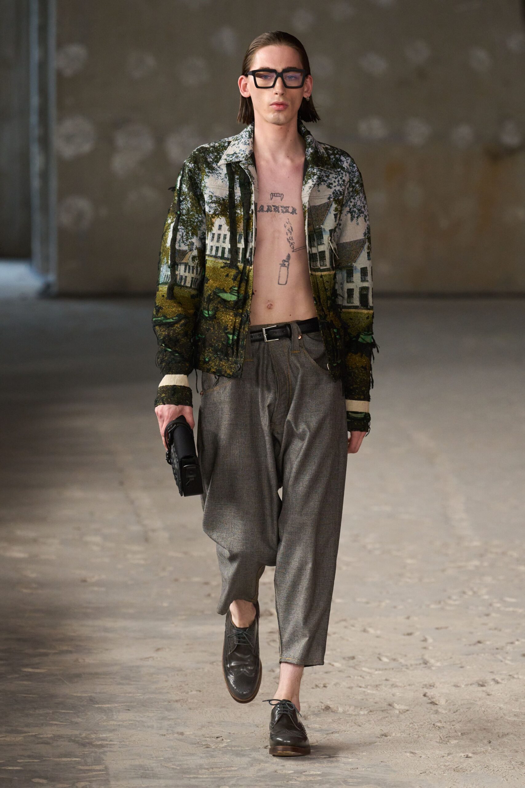 multi-colored relaxed jacket with gray pants