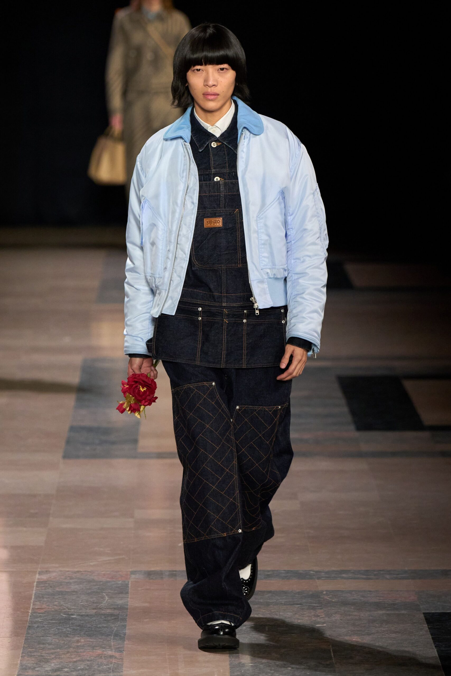 blue relaxed jacket with denim pants