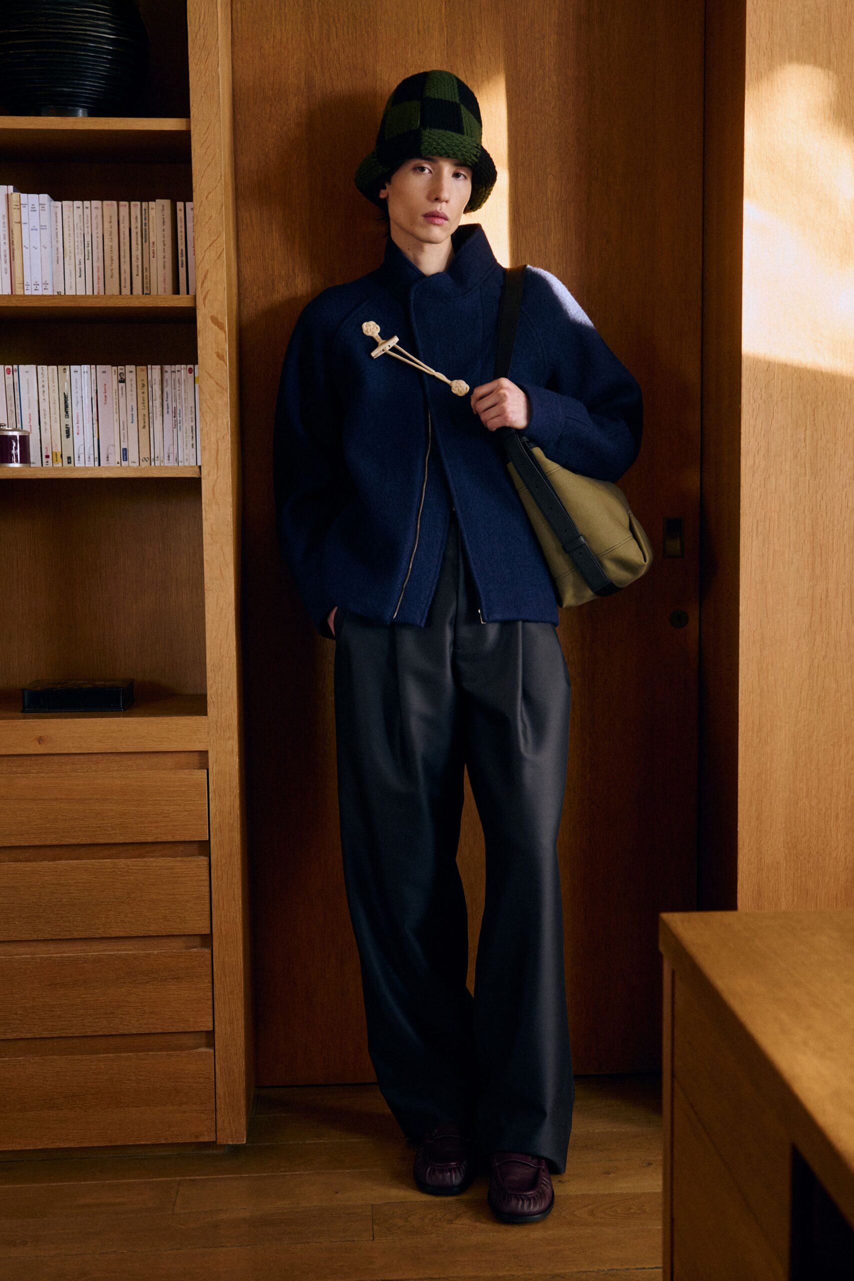 blue wool long-sleeve collared relaxed zippered jacket
