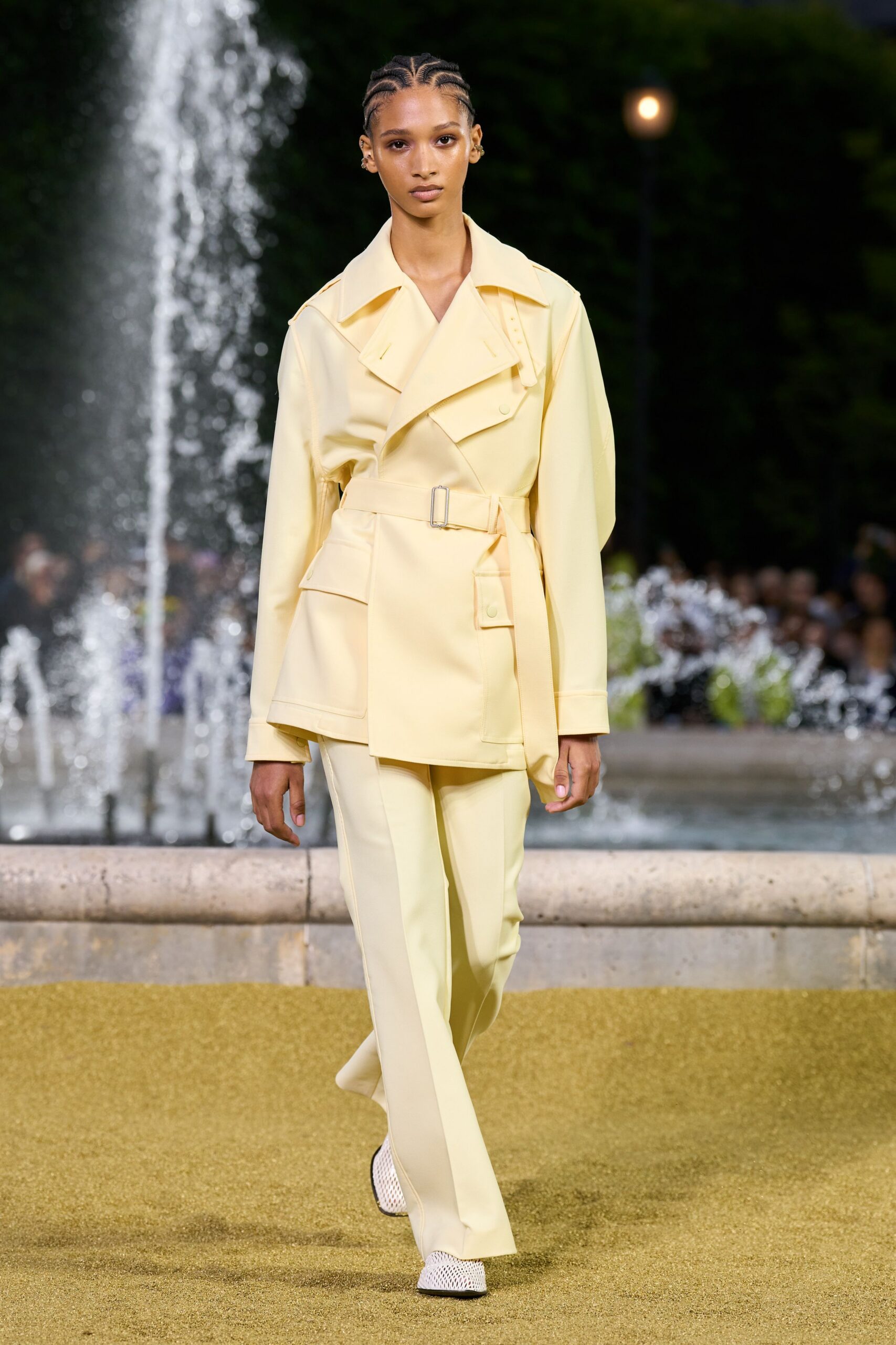 yellow cotton long-sleeve collared fitted belted jacket