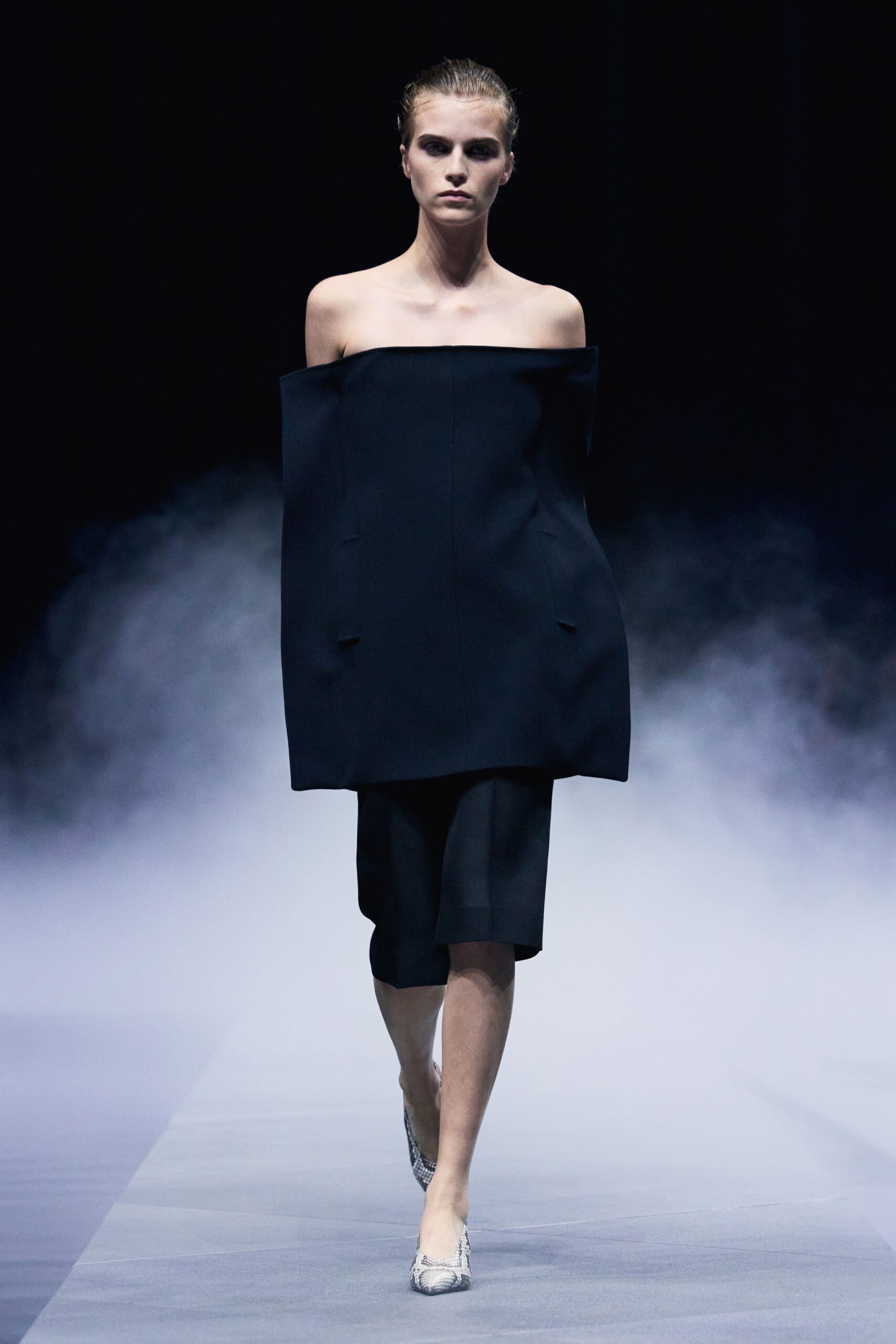 black cotton off-shoulder short-sleeve oversized structured short dress