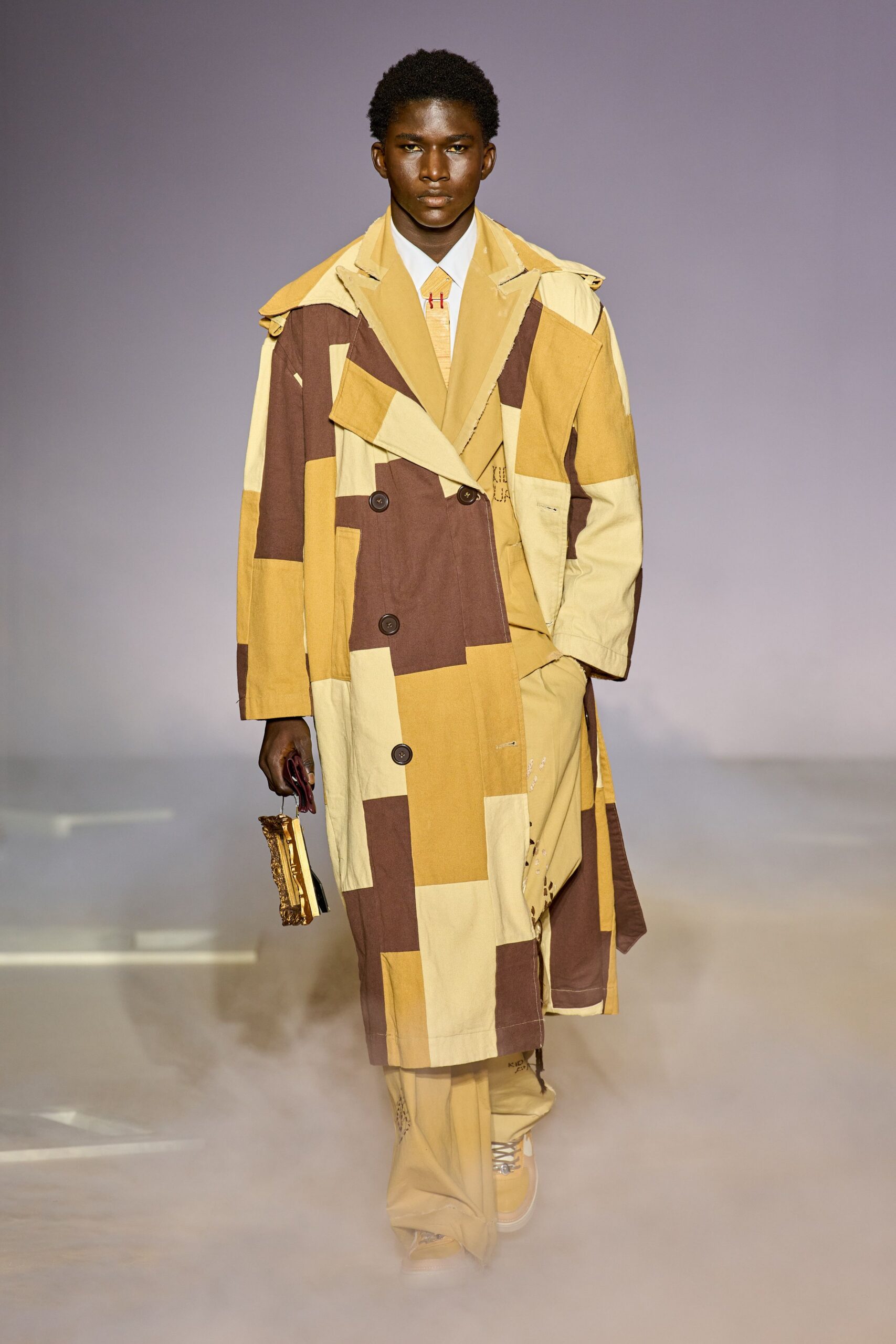 brown cotton long-sleeve collared relaxed color-blocked trench