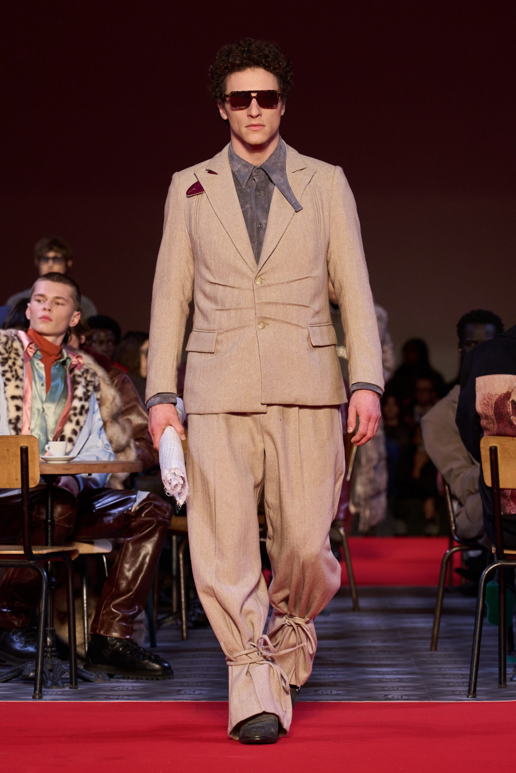 beige wool long-sleeve collared tailored buttoned suit