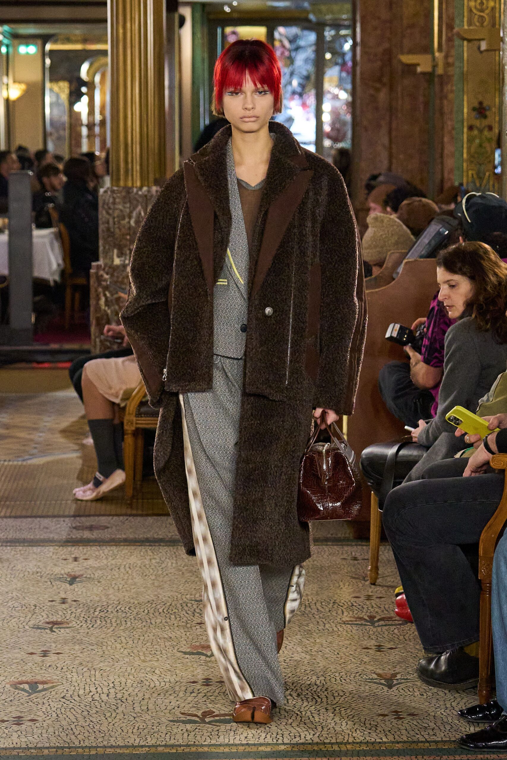 brown wool long-sleeve oversized textured coat