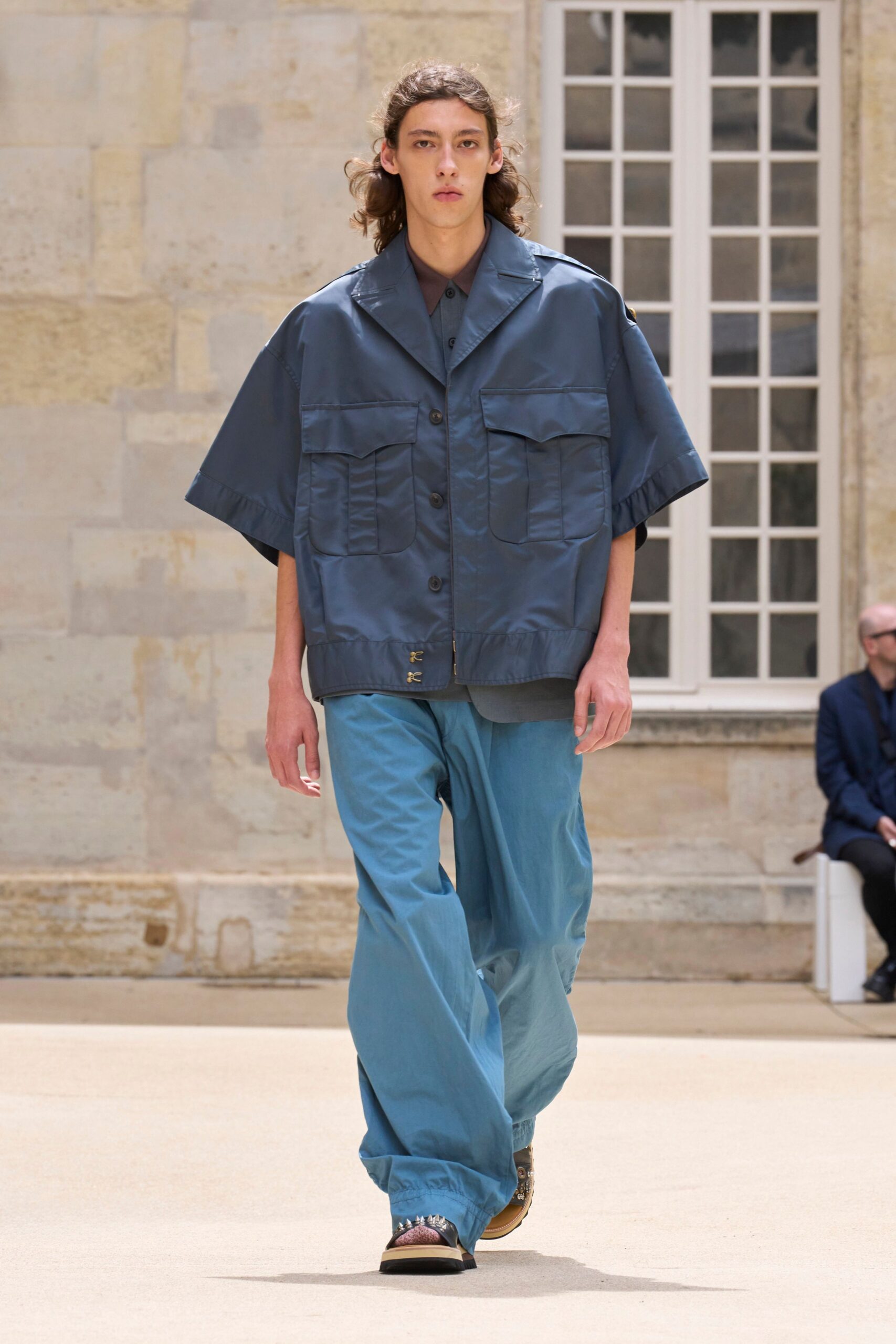 blue silk short-sleeve collared relaxed buttoned jacket