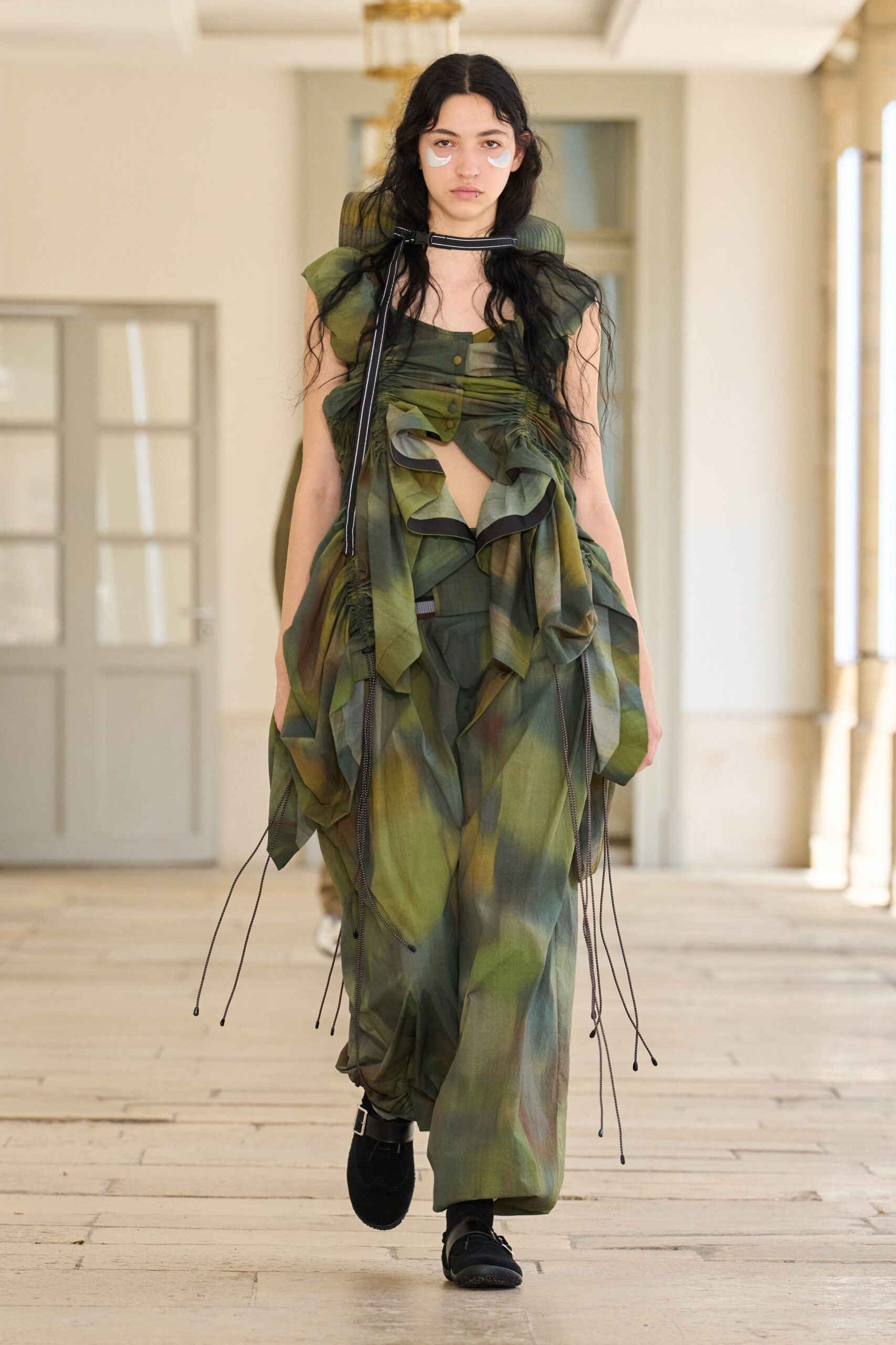 green silk sleeveless v-neck relaxed draped layered dress