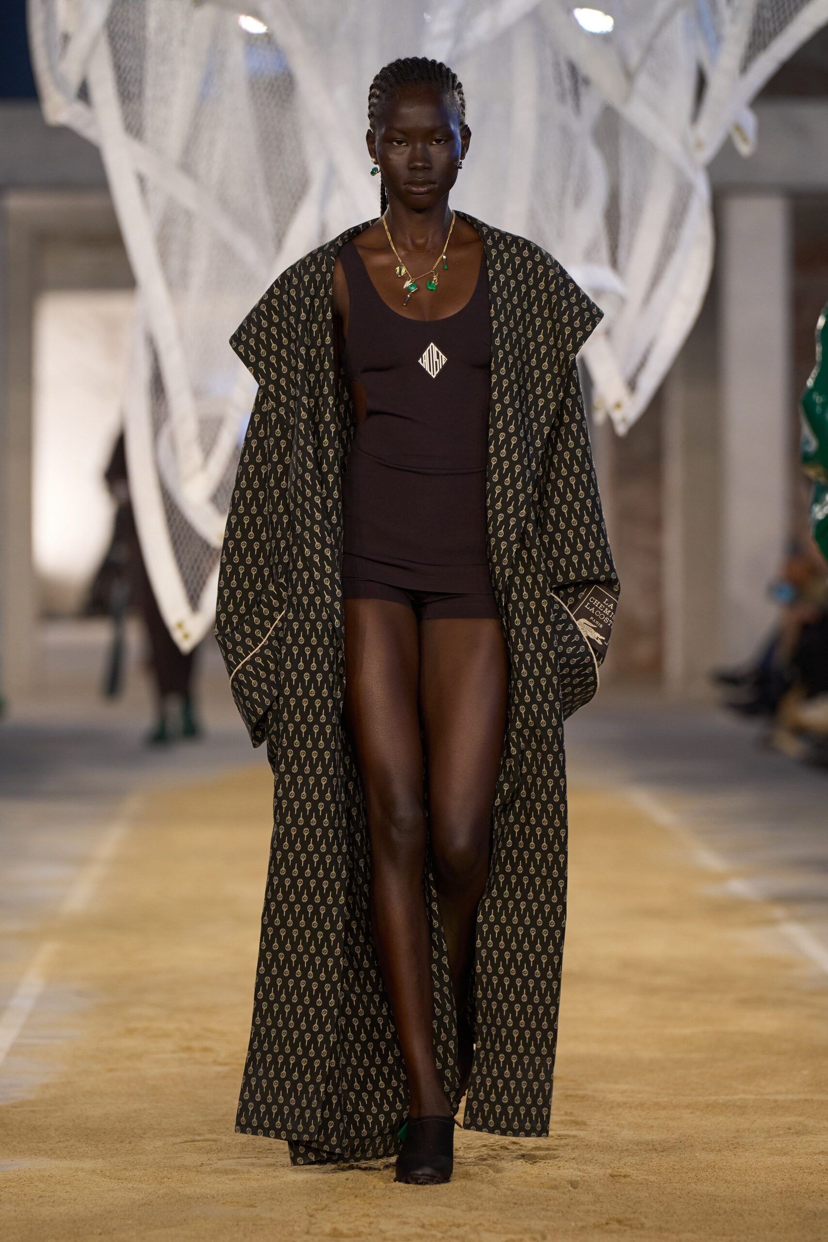 black printed coat and bodysuit