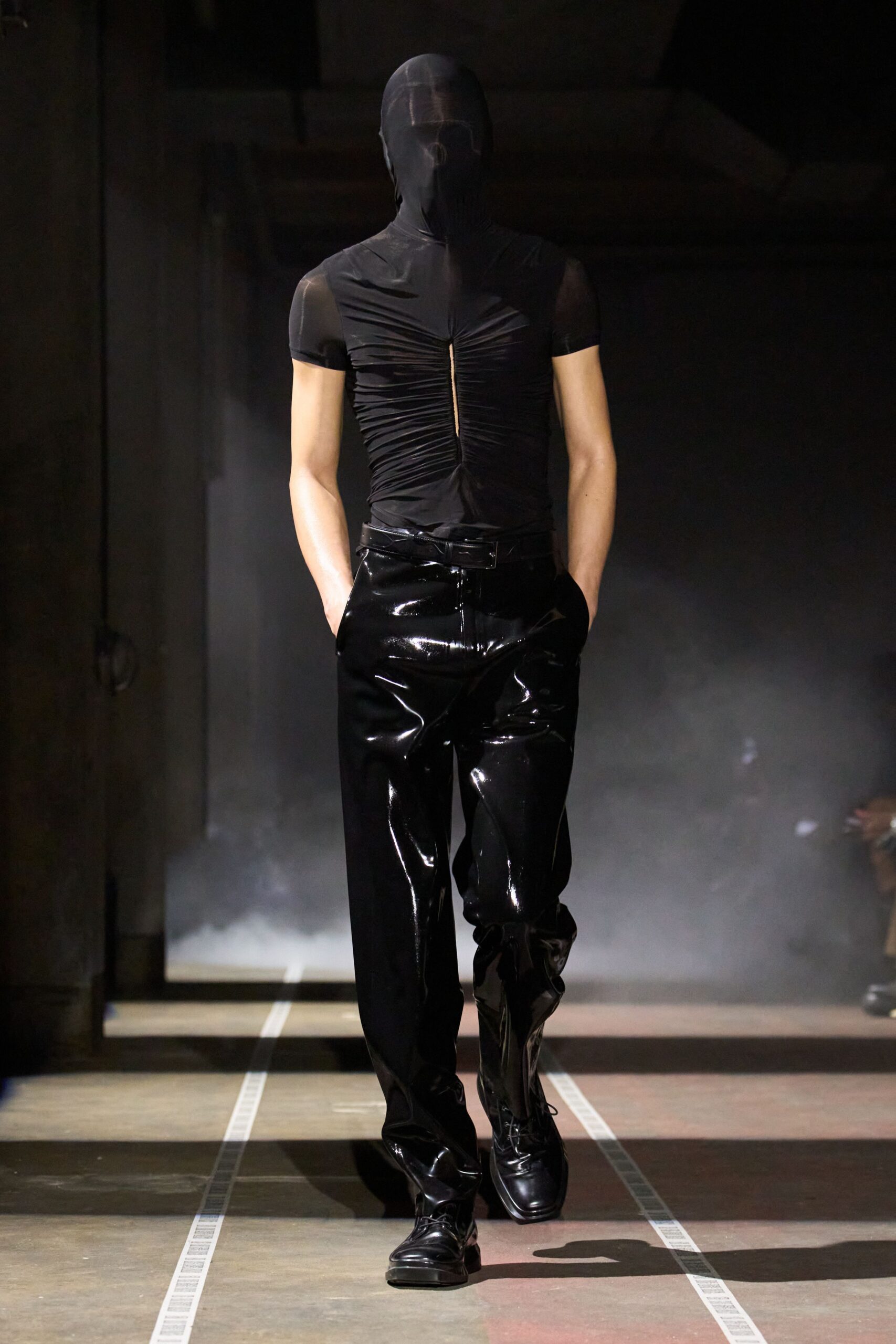 black vinyl slim straight-leg shiny pants
