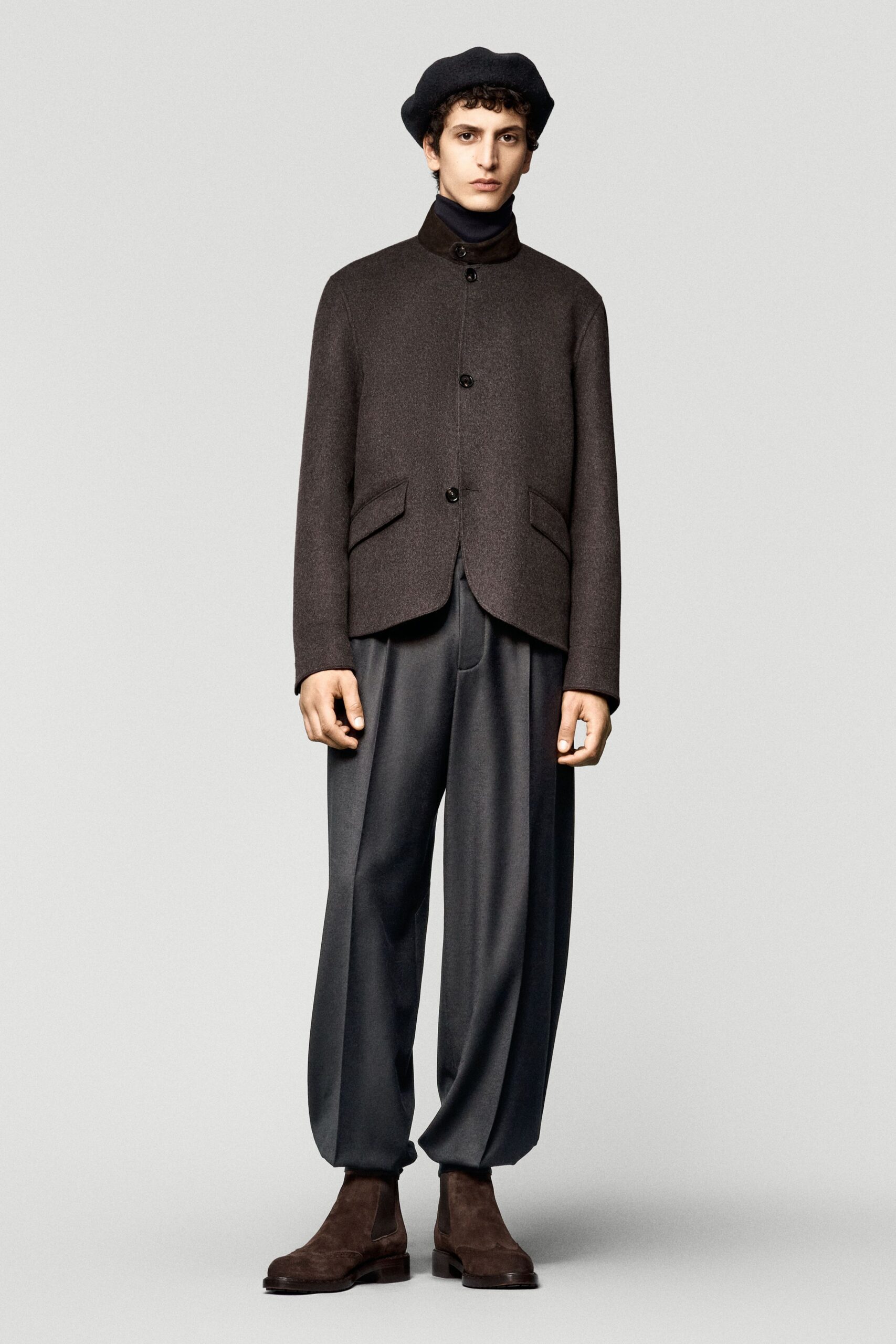 brown wool long-sleeve collared structured buttoned jacket
