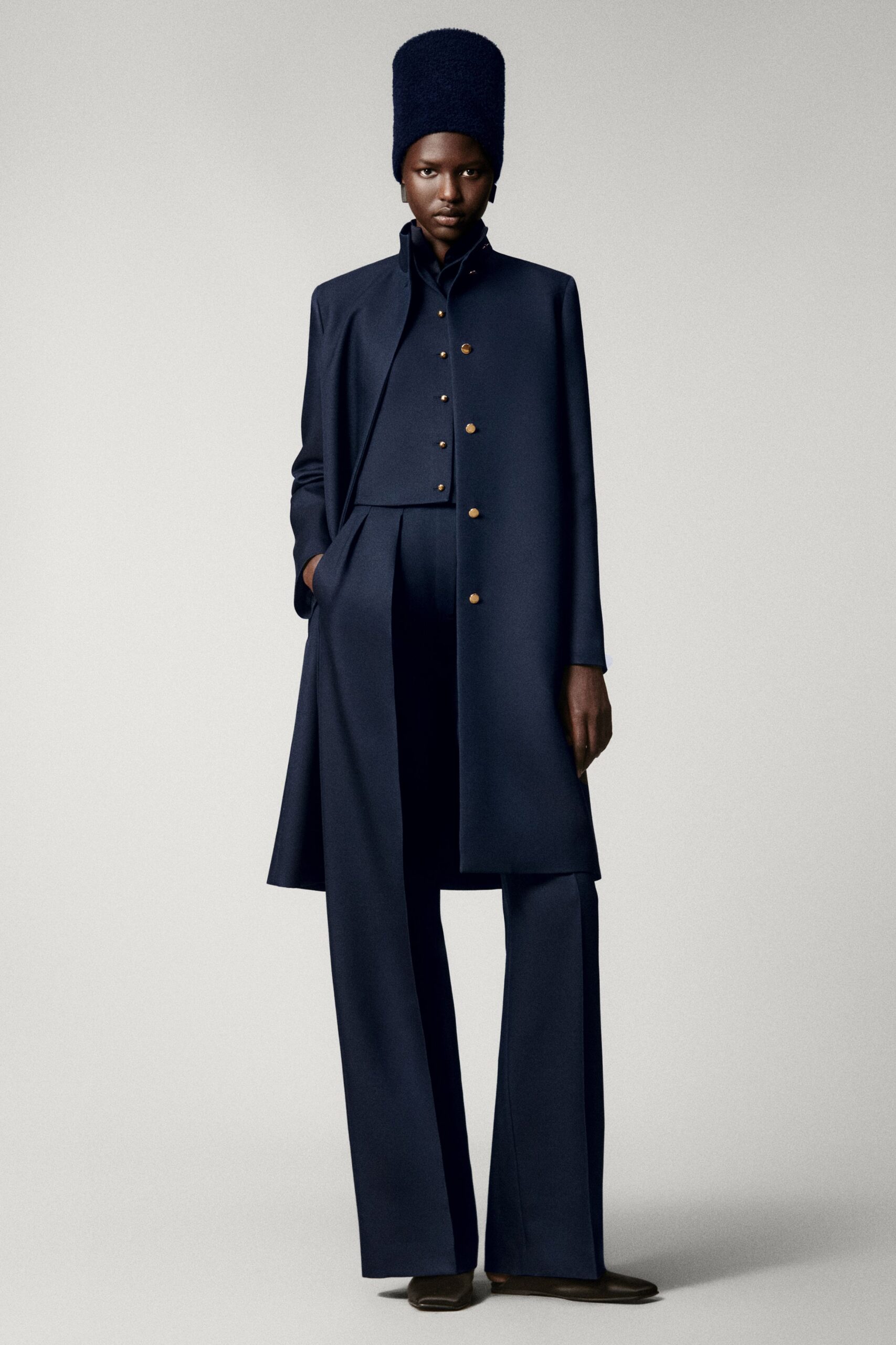 blue wool long-sleeve collared tailored buttoned coat