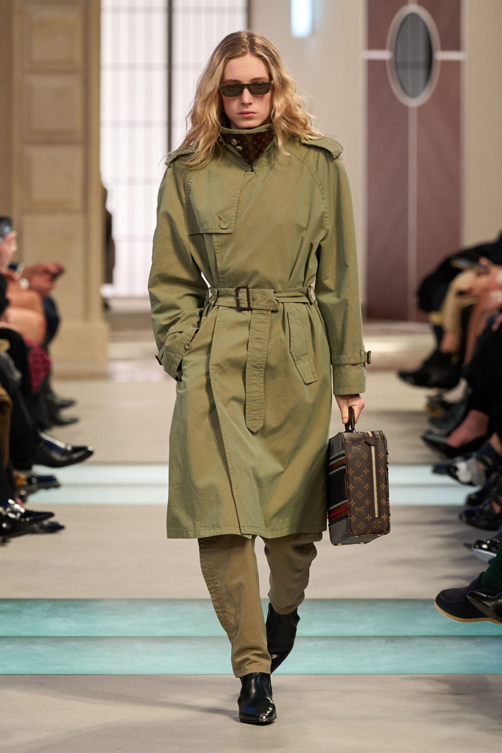 green trench coat with bag