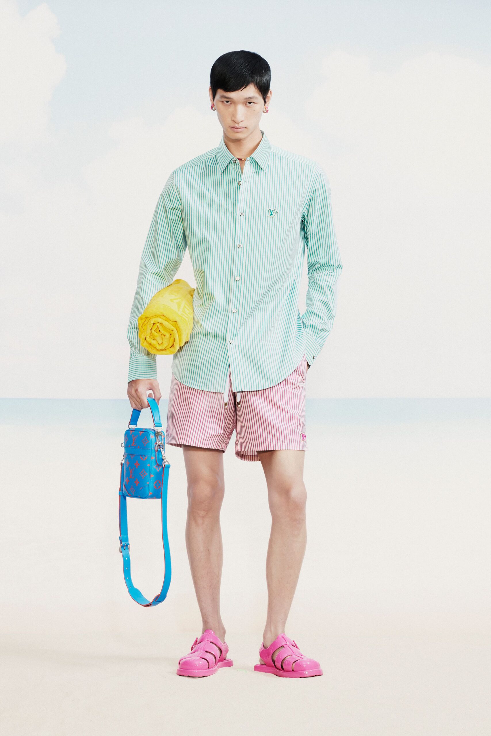 green striped shirt with pink shorts