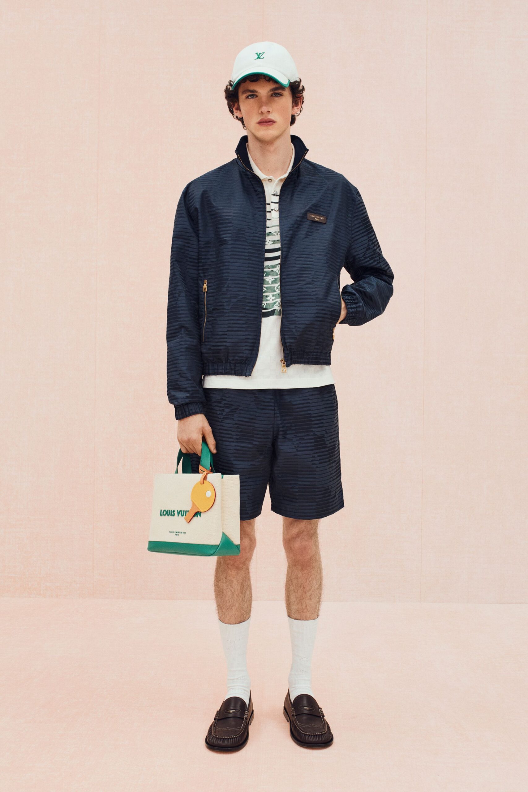 navy jacket with printed shirt