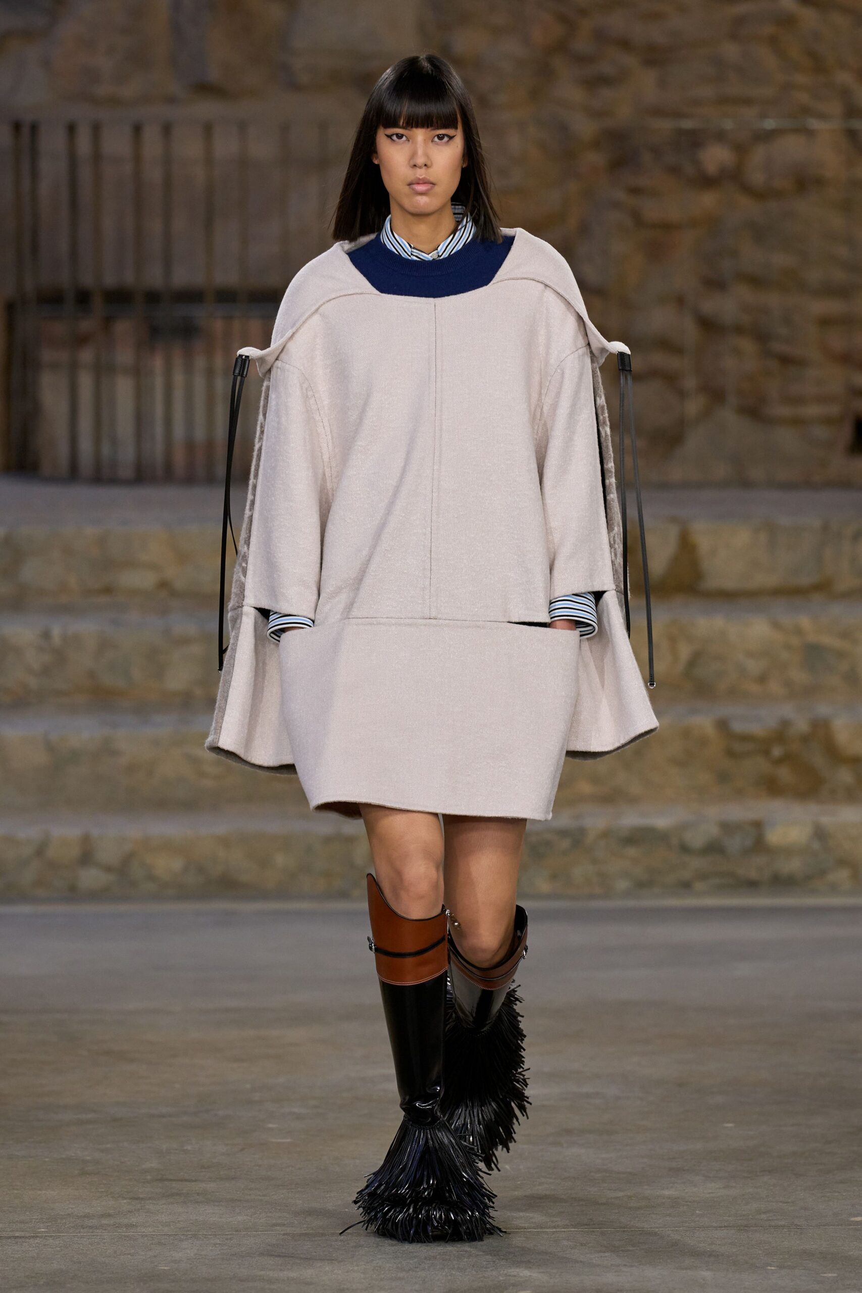beige cotton long-sleeve collared relaxed layered mini dress