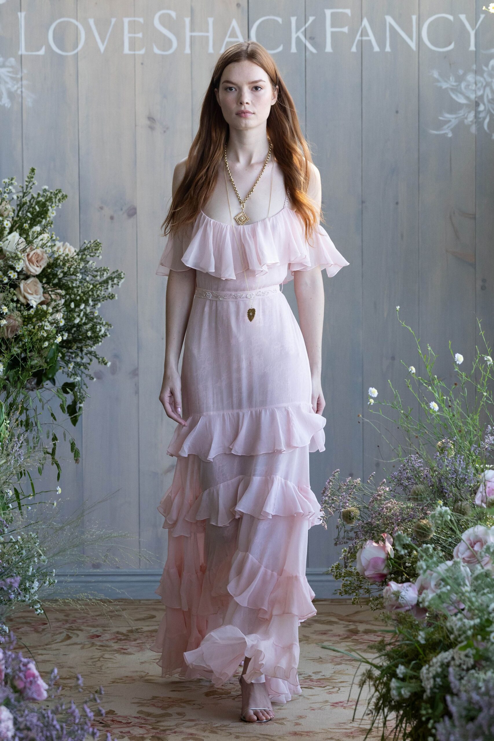 pink chiffon ruffled gown