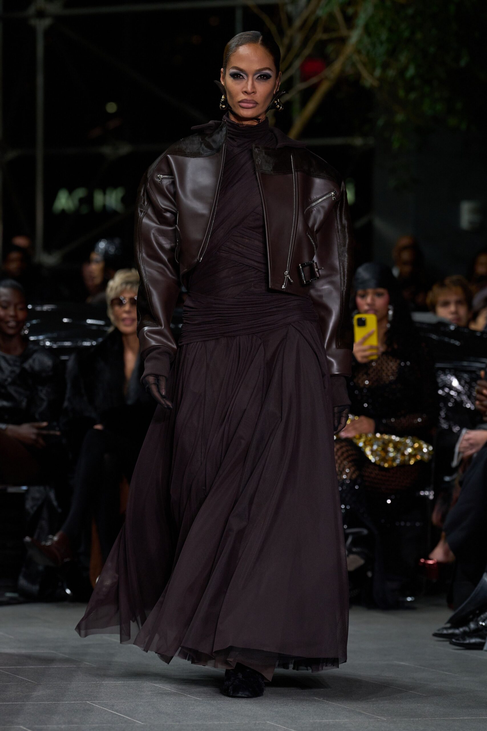 brown leather jacket black dress