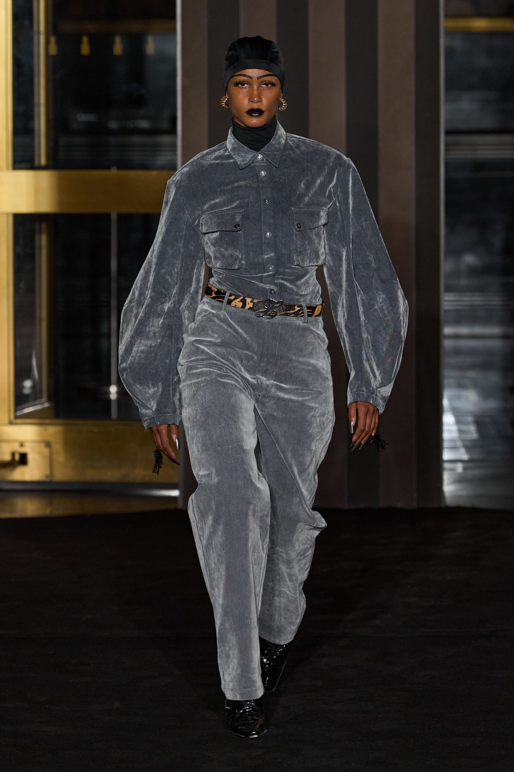 gray velvet shirt and pants