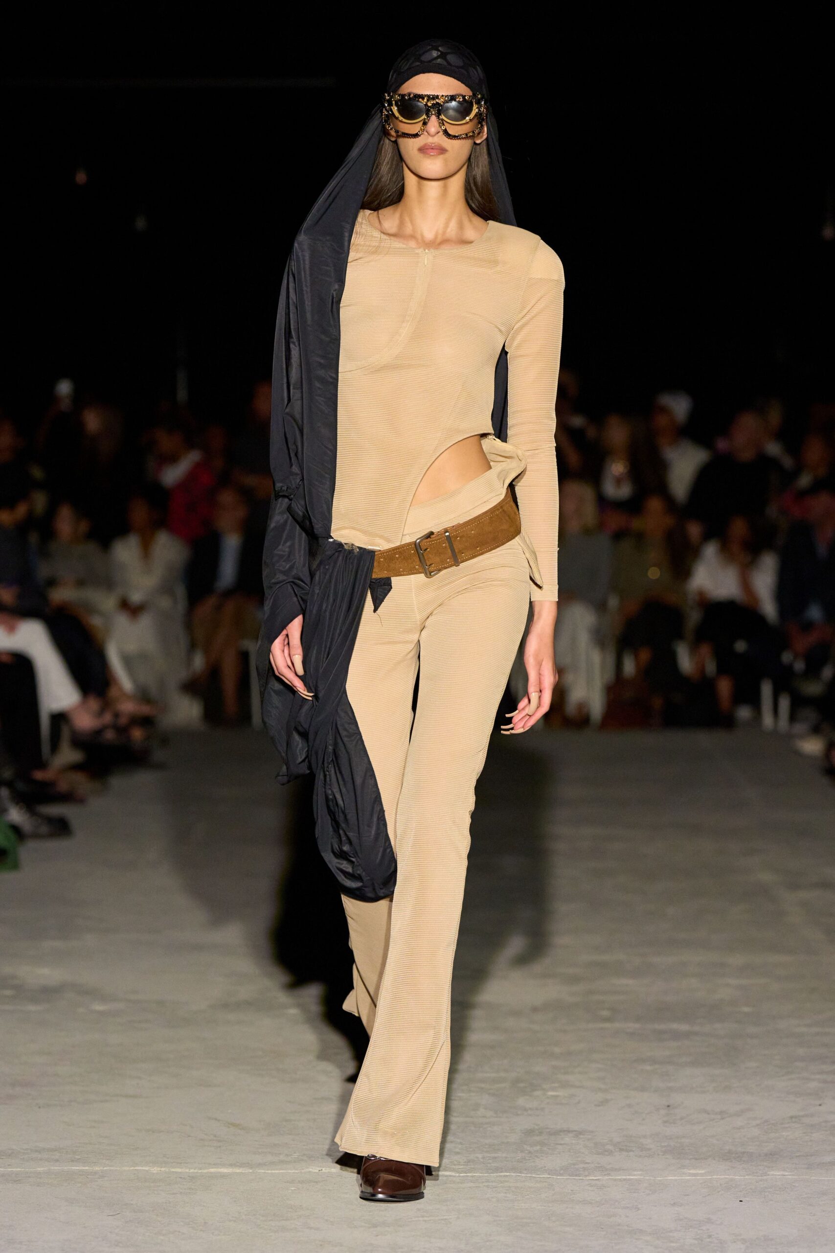 beige cotton fitted flared pants