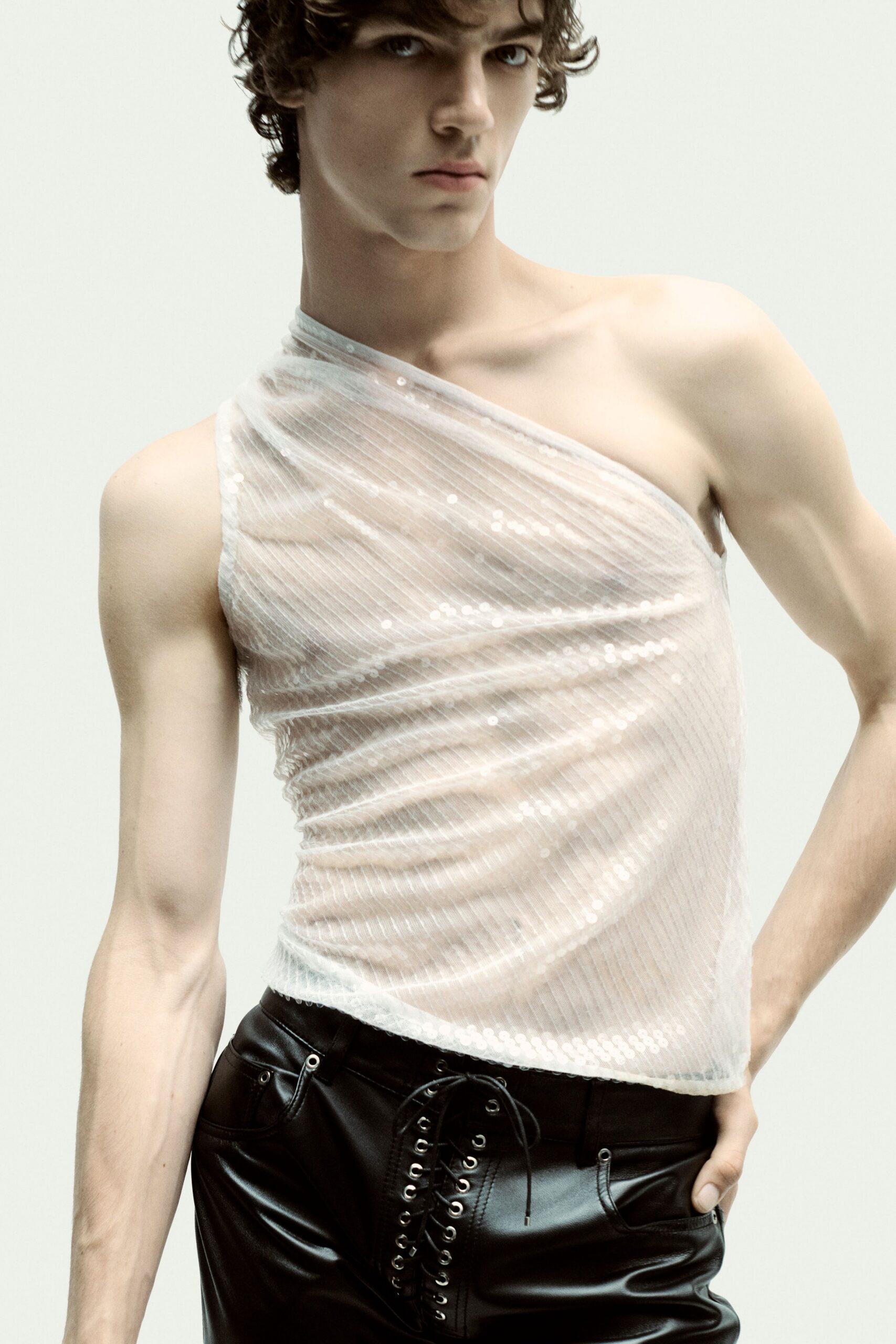 white mesh sleeveless asymmetric fitted sequined sheer top