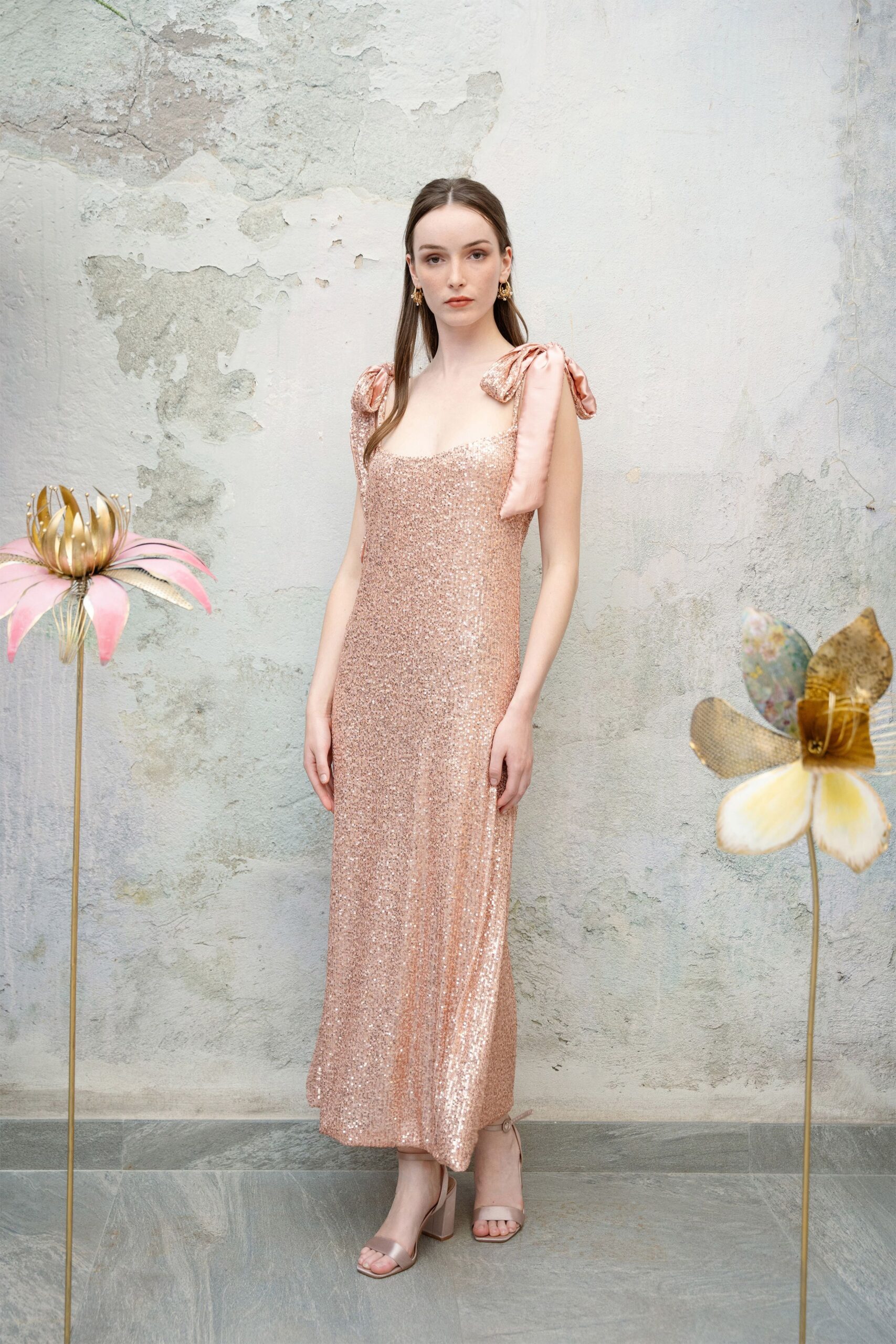 pink sequin sleeveless v-neck fitted draped shiny dress