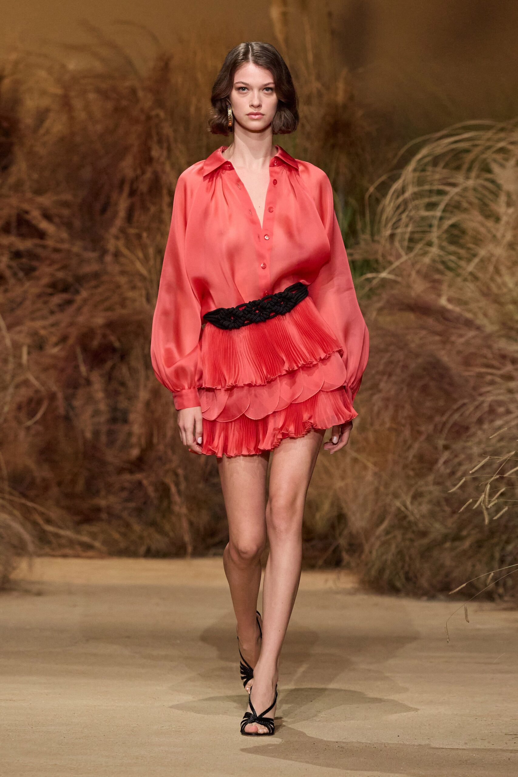 red silk long-sleeve collared fitted pleated tiered dress