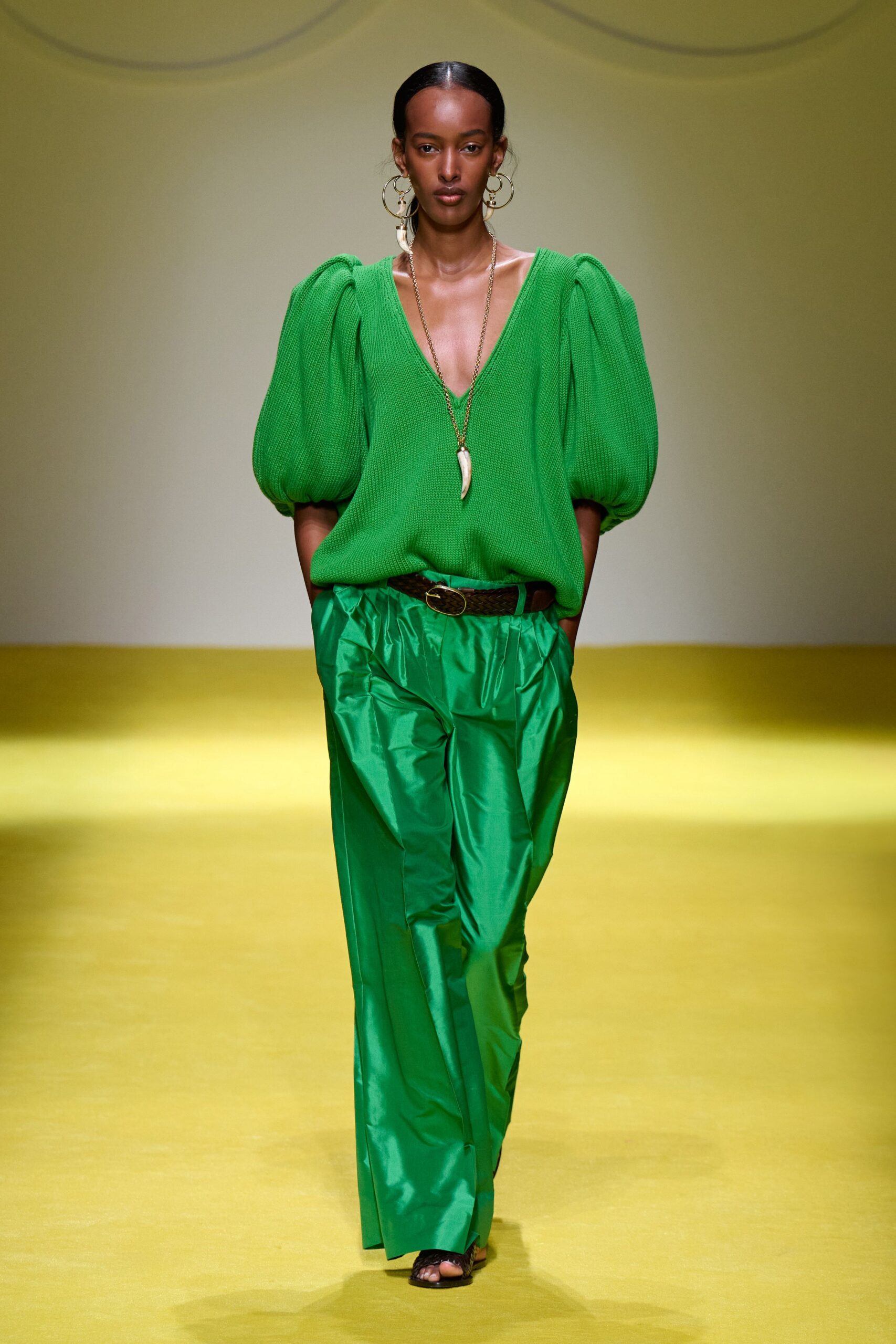 green relaxed top with wide-leg pants