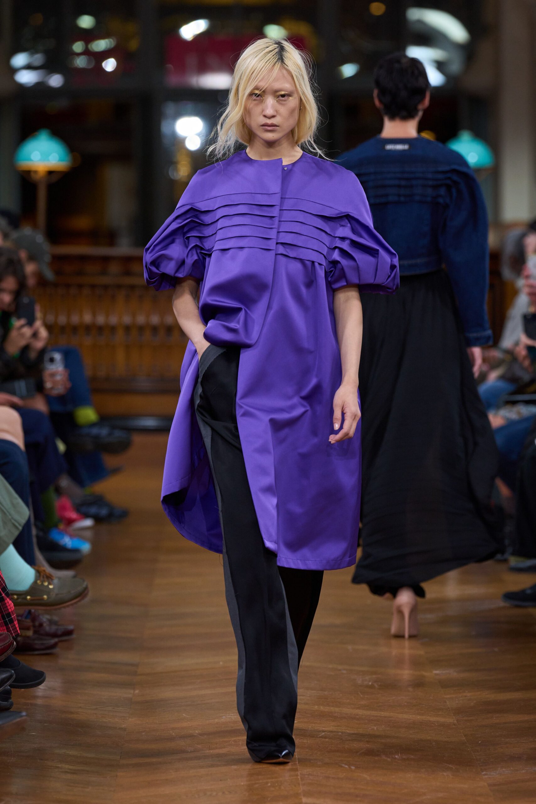 purple silk short-sleeve collared relaxed pleated midi coat