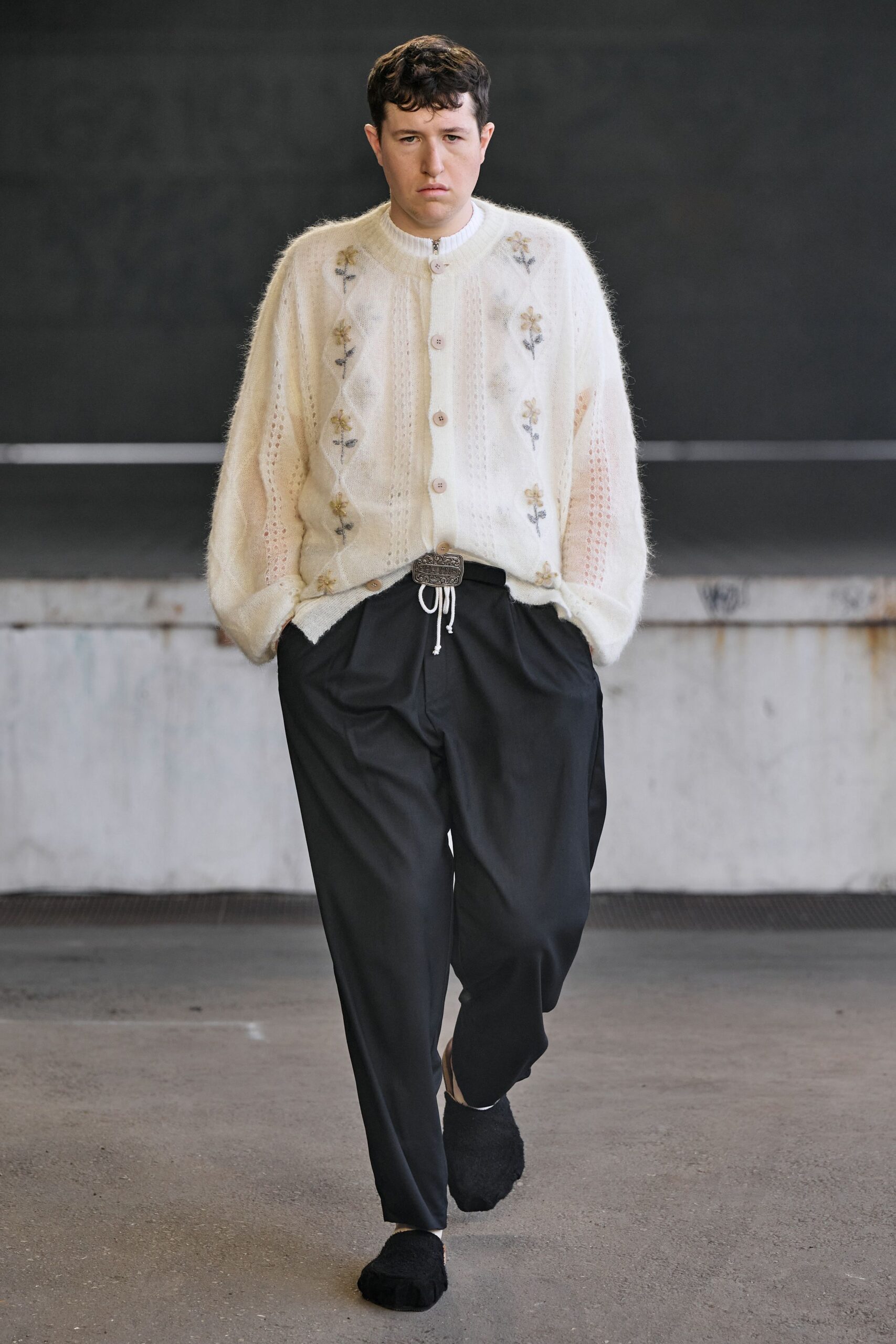 white wool long-sleeve collared relaxed buttoned cardigan