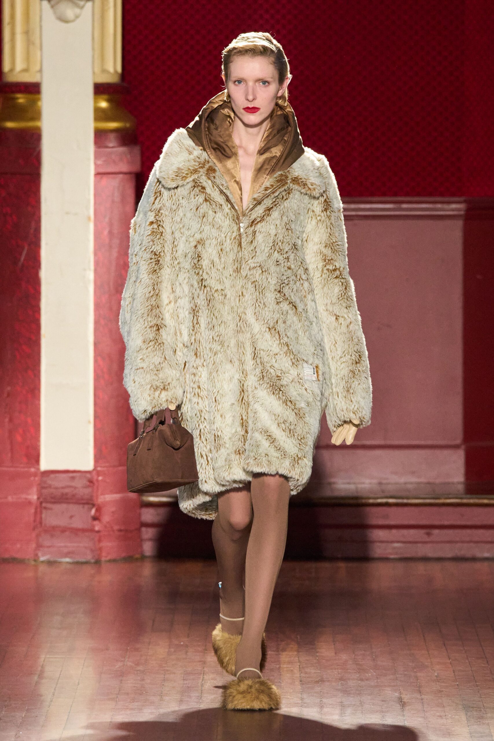 beige oversized faux-fur coat