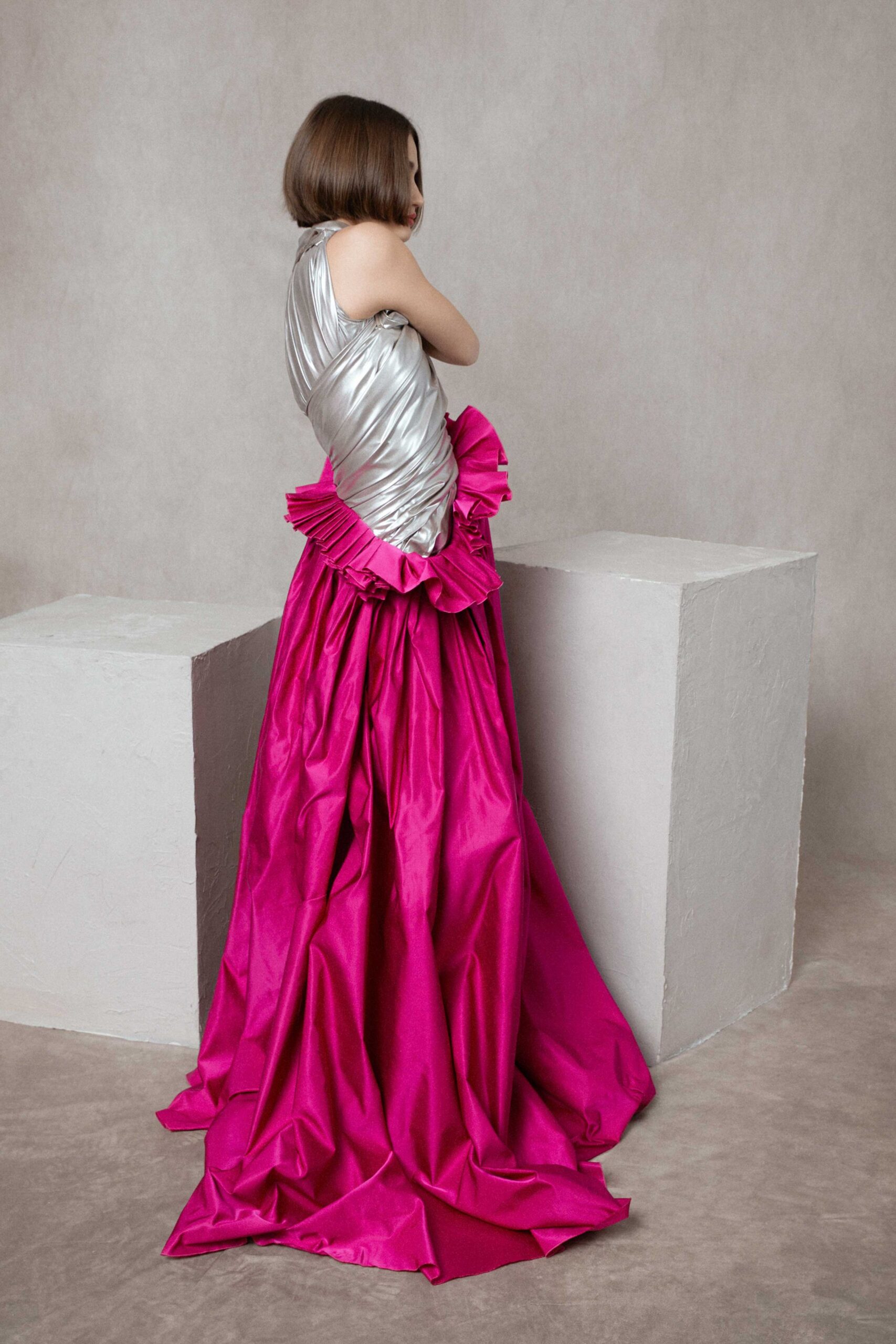silver and pink ruffled gown