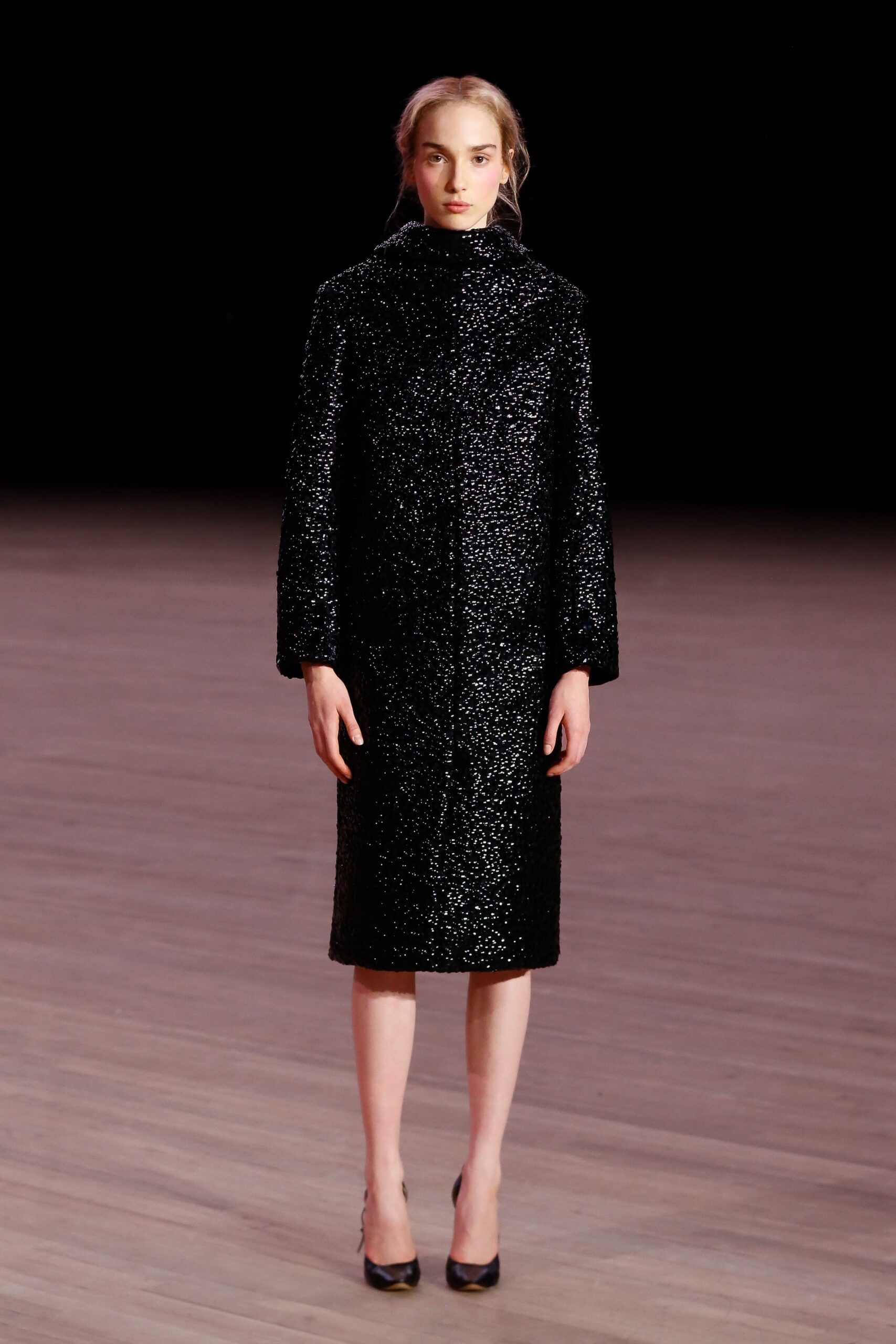 black velvet long-sleeve high-neck fitted textured shiny coat