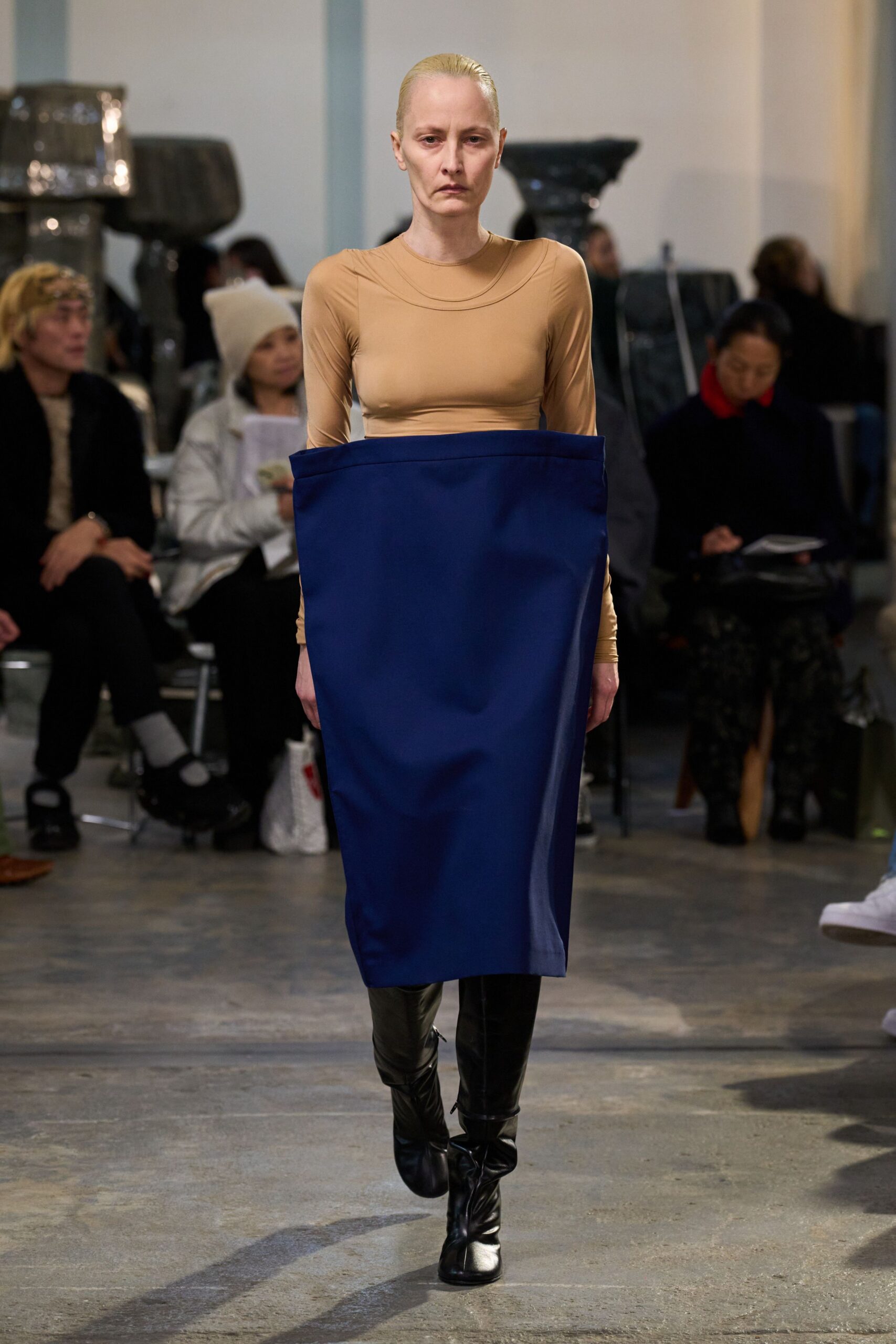 beige fitted top blue midi skirt