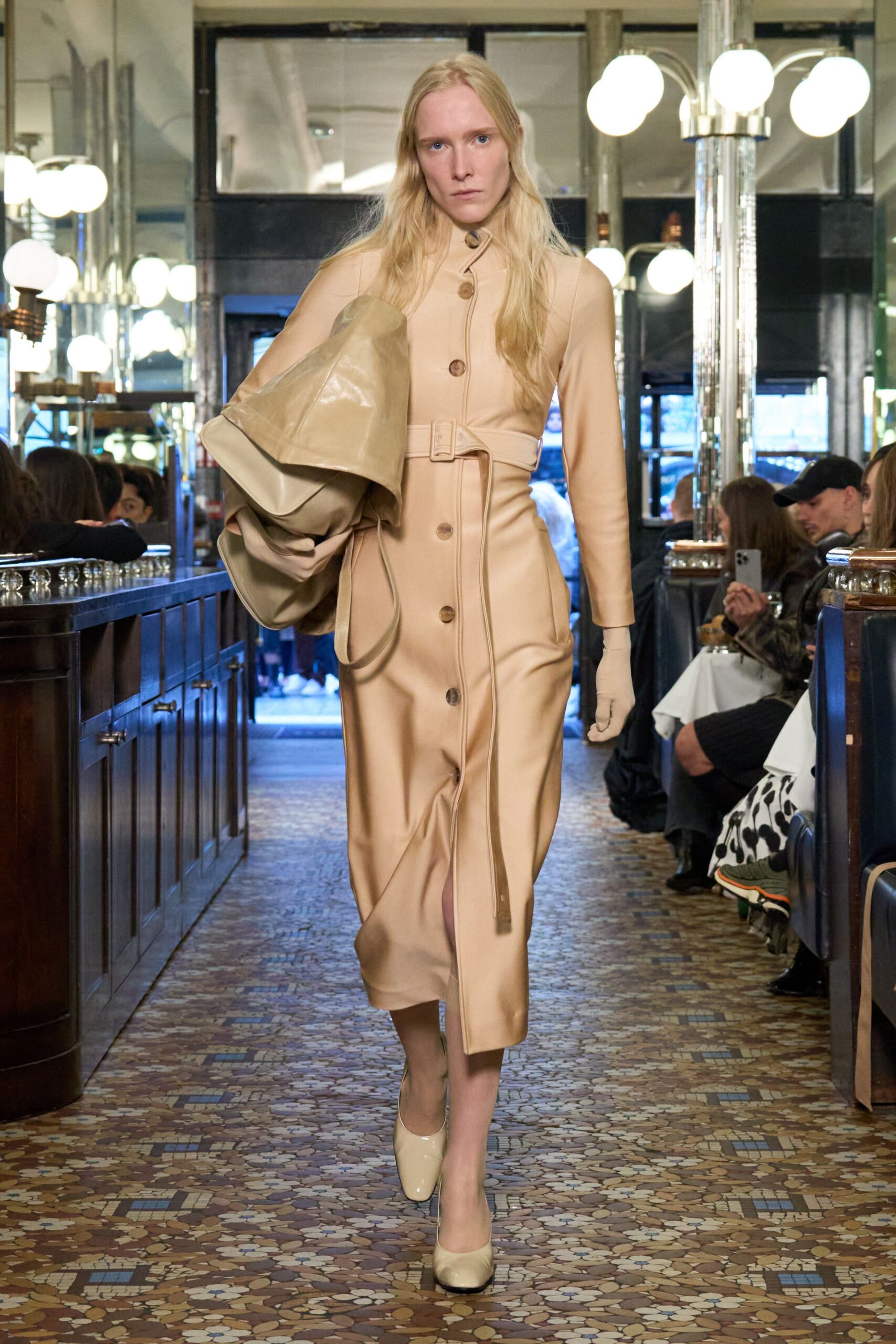 beige leather long-sleeve collared fitted buttoned belted dress