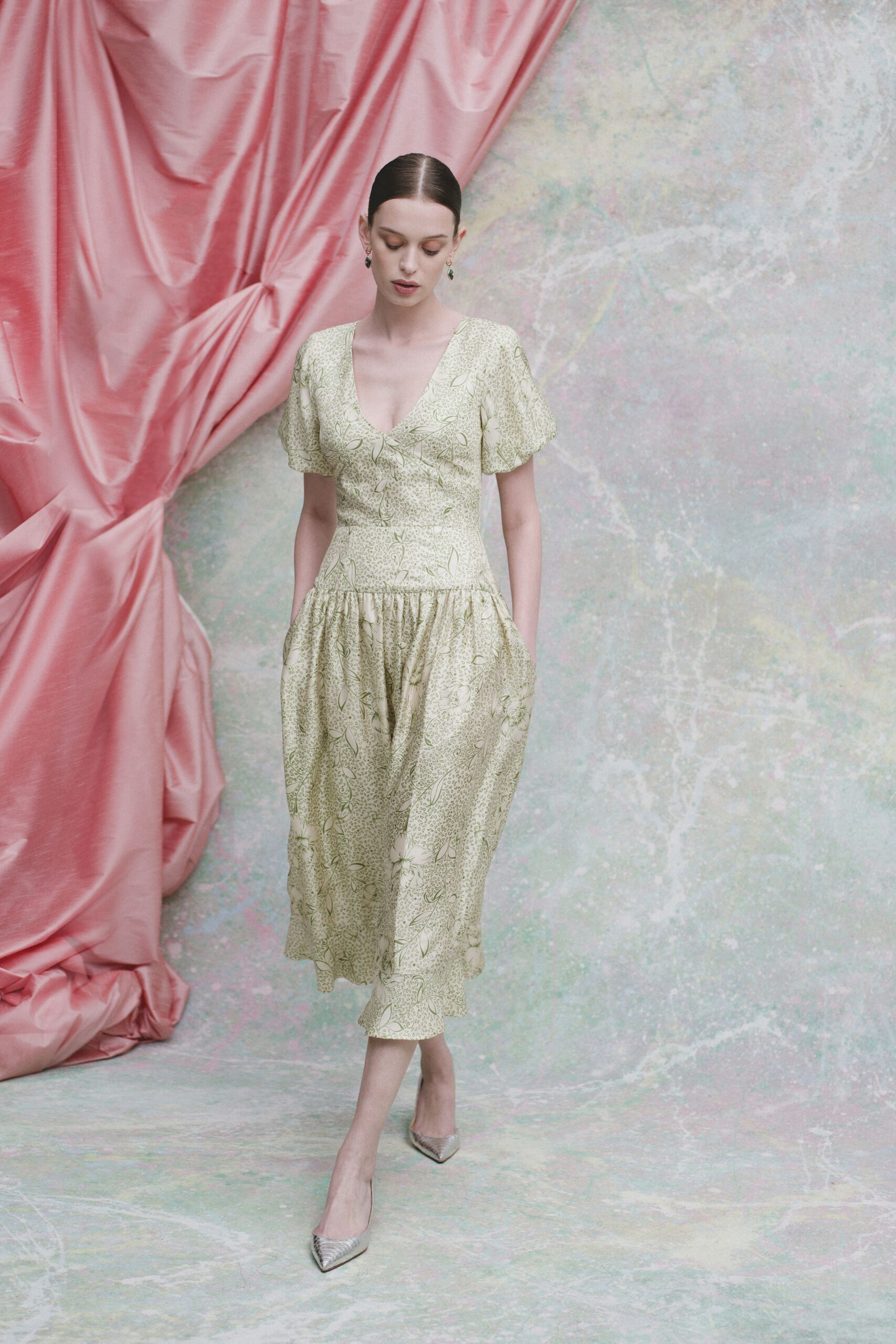 yellow silk short-sleeve v-neck fitted pleated shiny dress