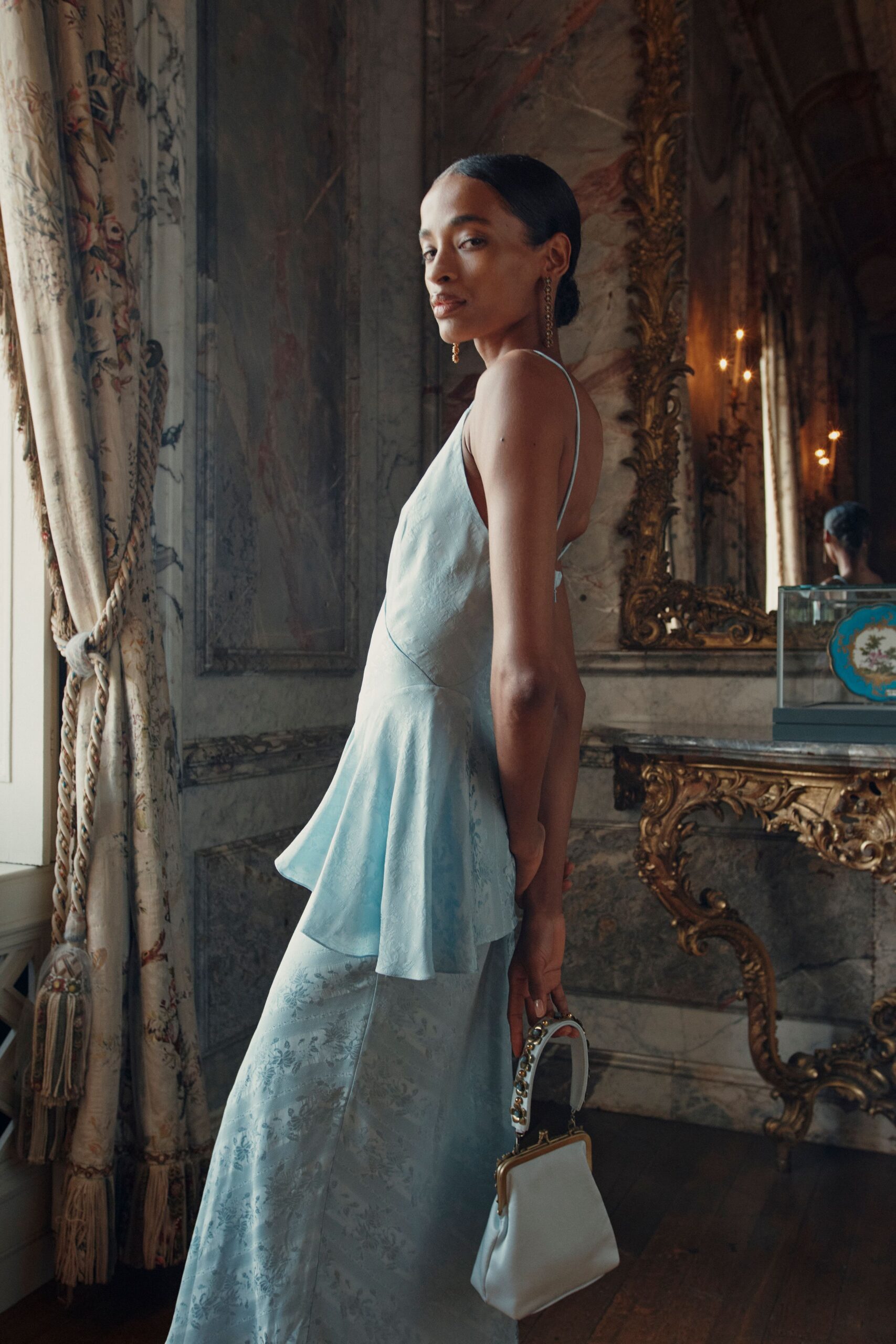 blue silk sleeveless dress with bag