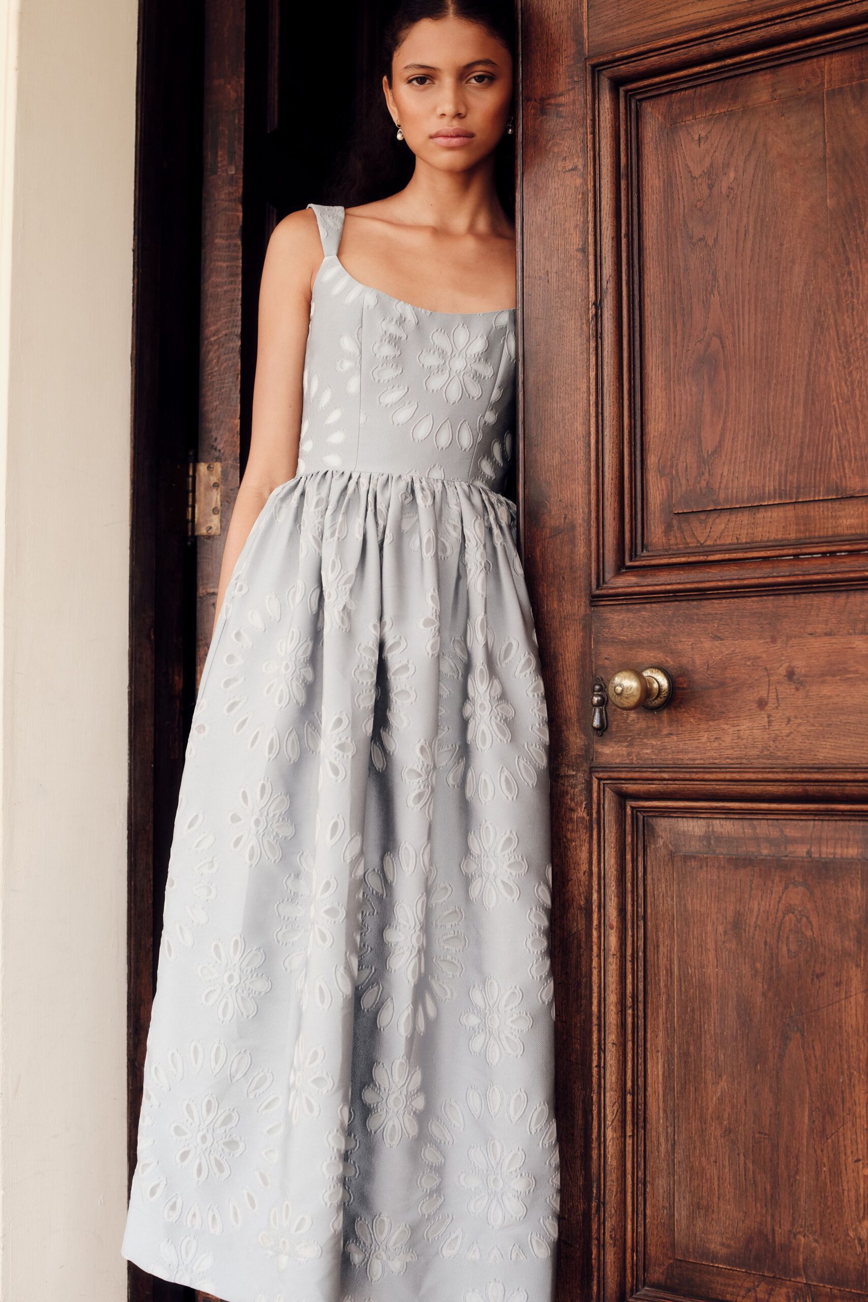 gray embroidered sleeveless dress
