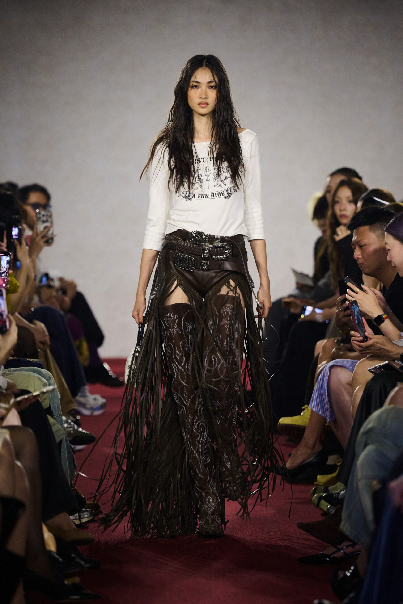 brown leather asymmetric fitted fringed skirt