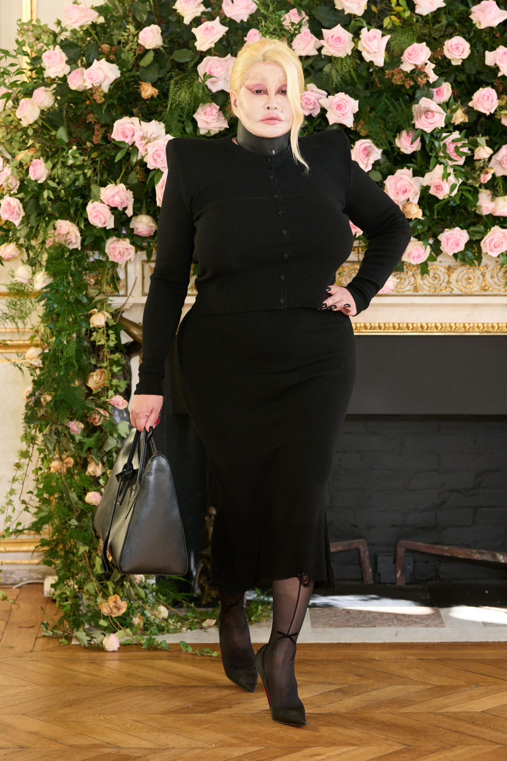black knit long-sleeve collared fitted buttoned pencil dress