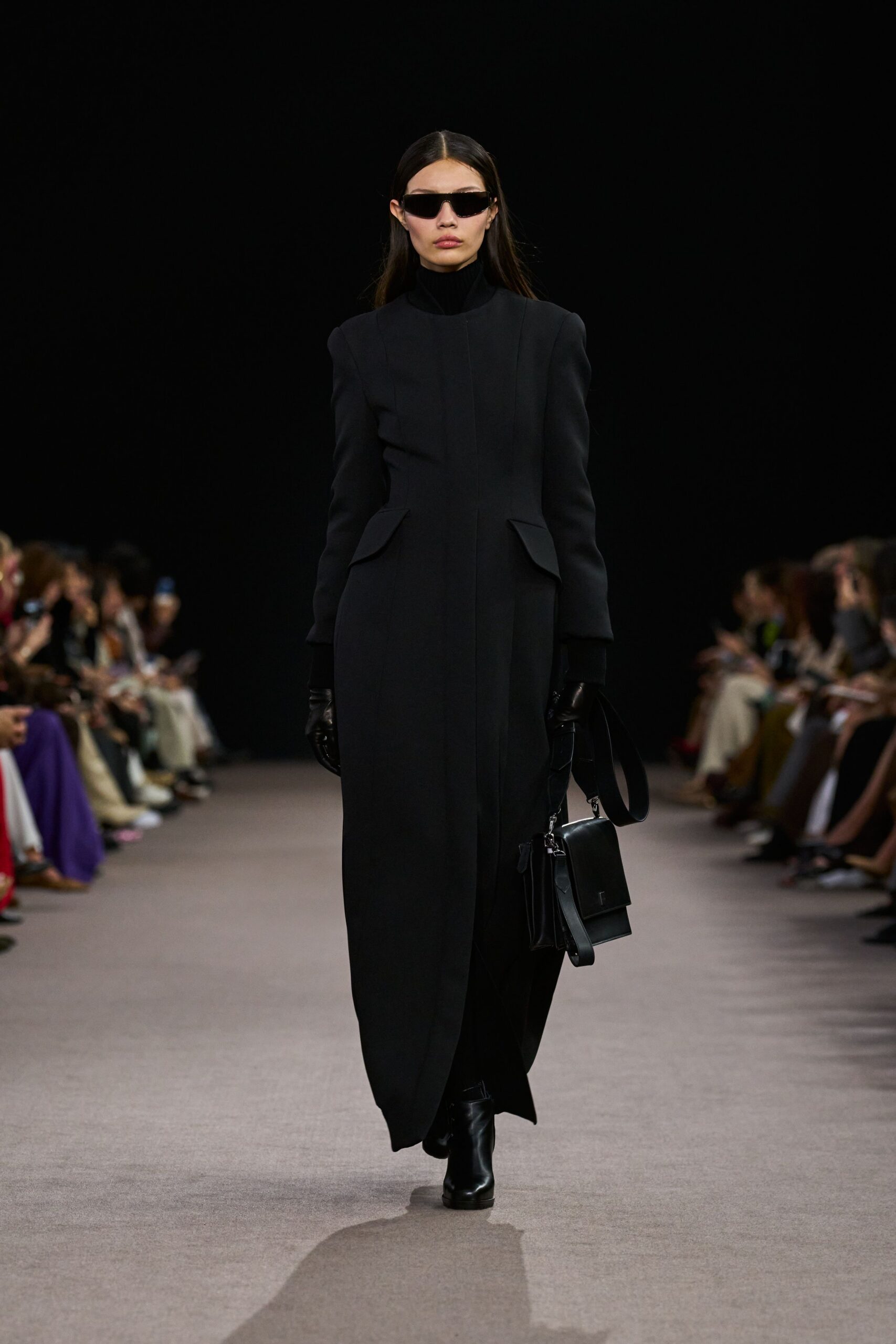 black wool long-sleeve high-neck fitted structured zippered coat