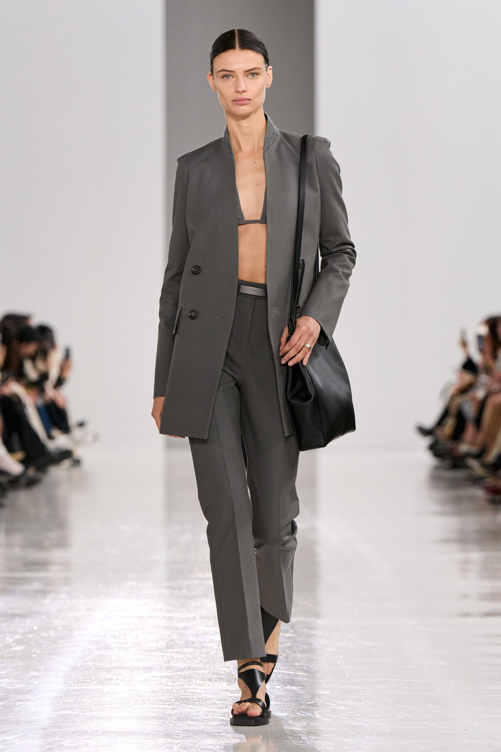 gray silk long-sleeve collared tailored buttoned suit