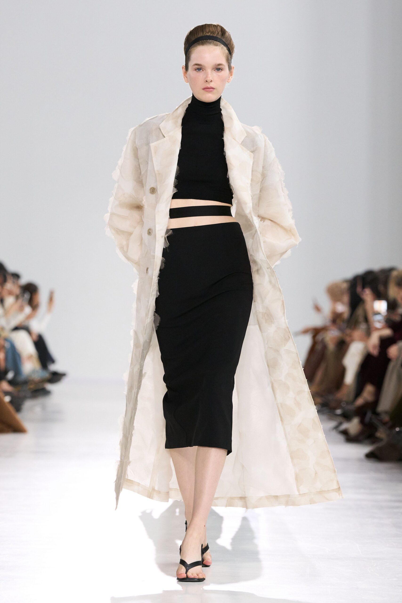 beige silk long-sleeve collared relaxed layered flowing coat