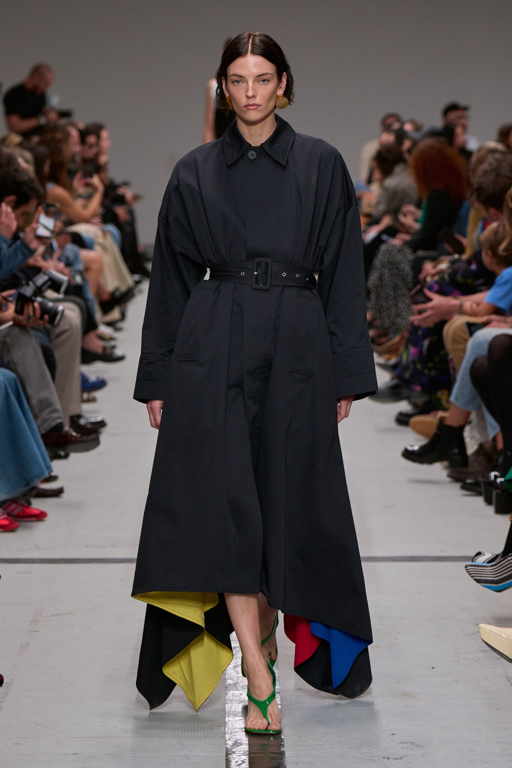 black cotton long-sleeve collared relaxed belted midi coat