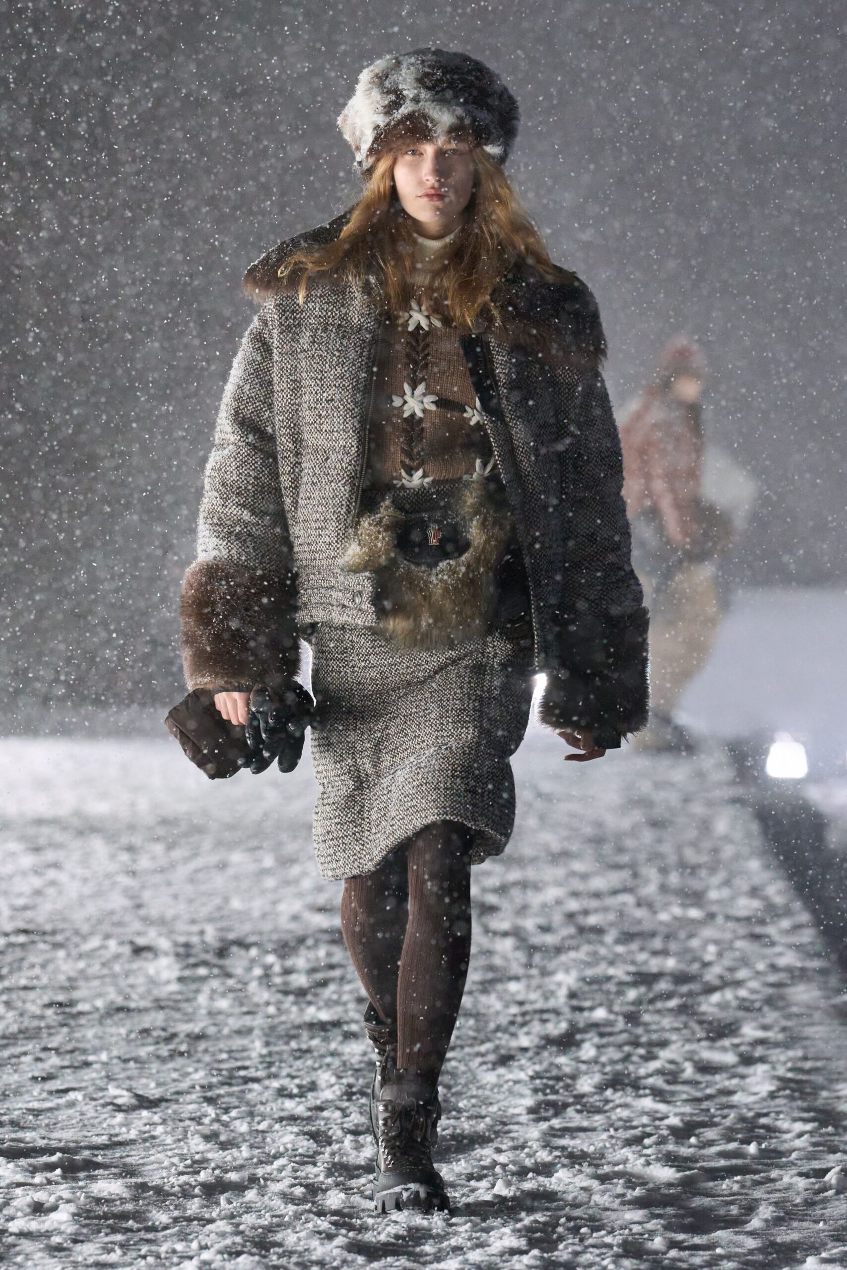 brown wool coat with gray skirt