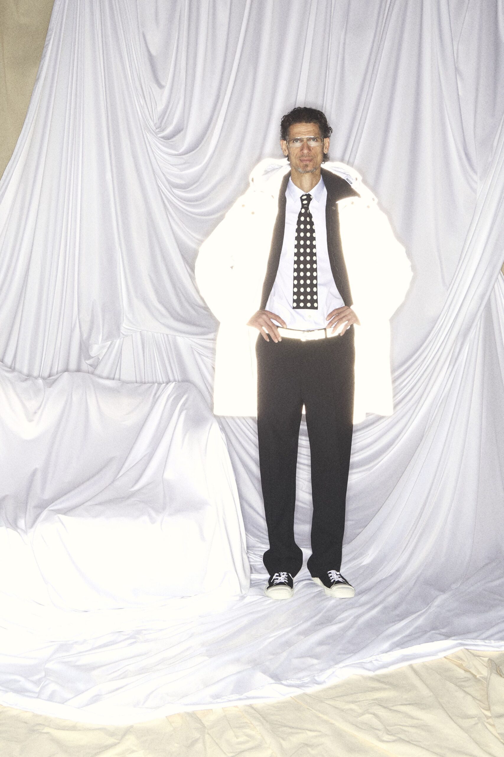 white fur oversized shiny coat