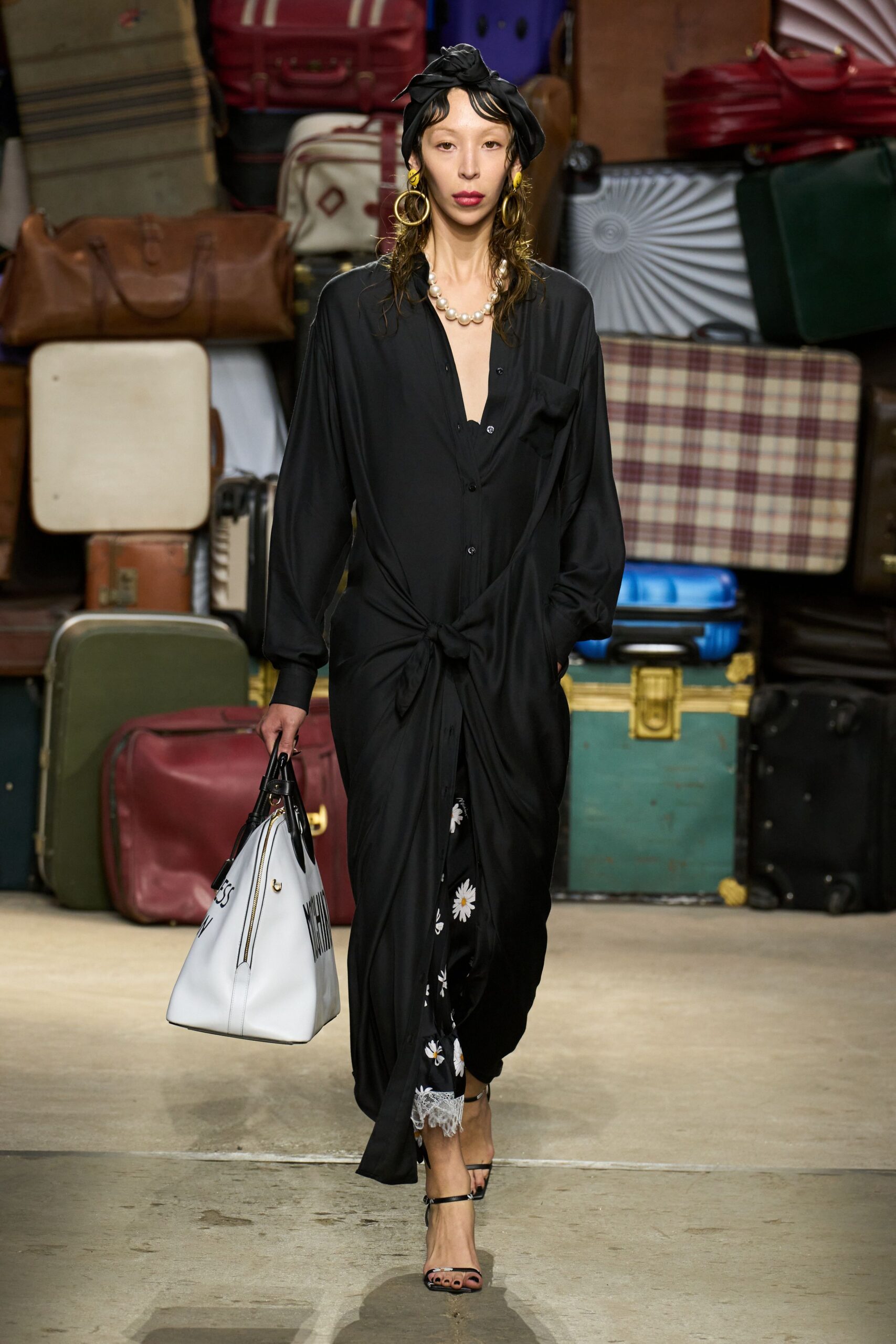 black silk long-sleeve collared relaxed buttoned draped shirt-dress