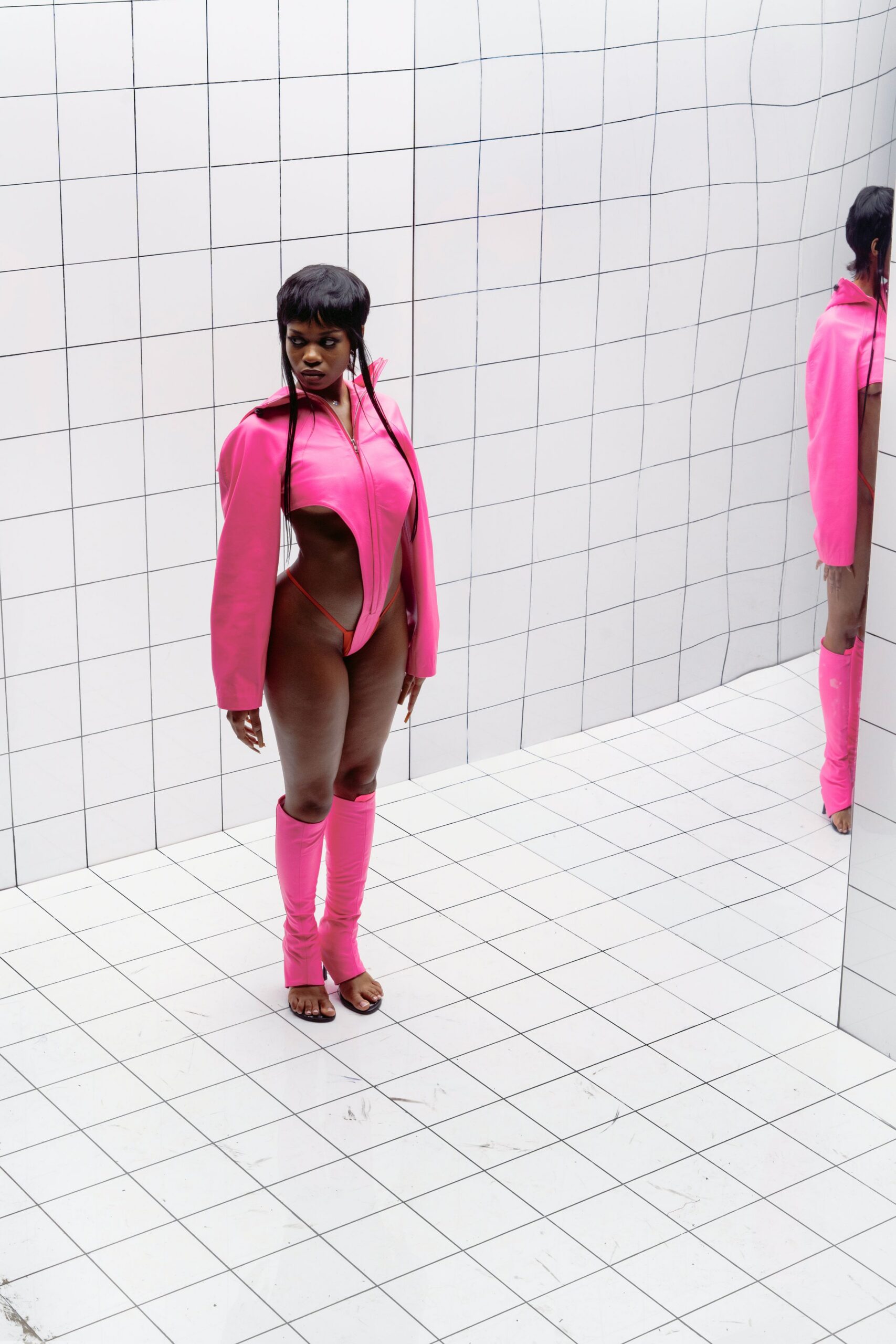 pink blazer red bodysuit