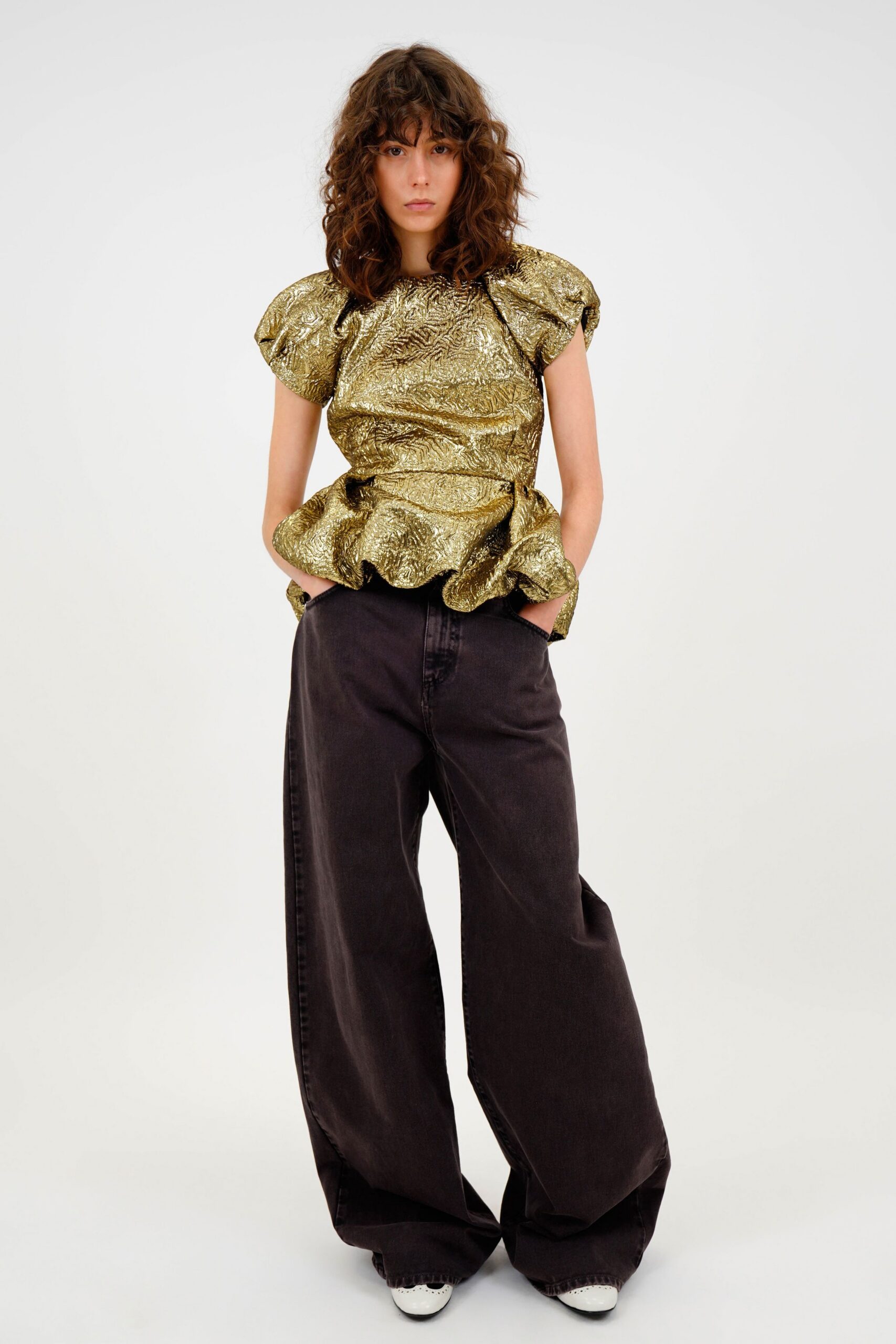 gold silk short-sleeve high-neck relaxed ruffled shiny top