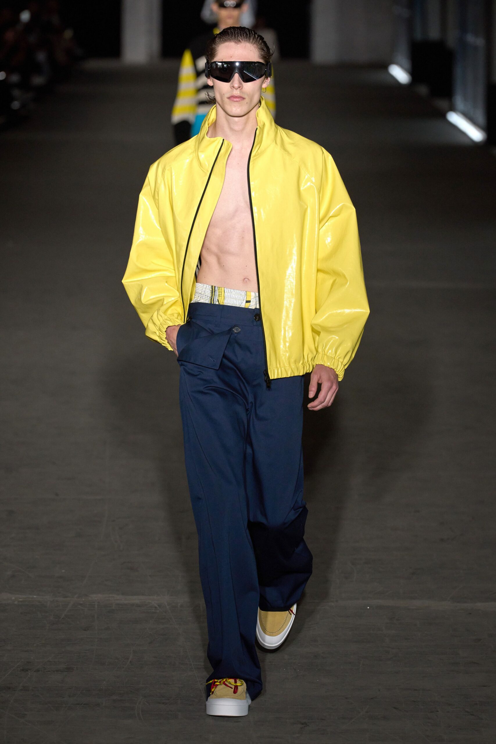 yellow vinyl long-sleeve collared relaxed shiny jacket