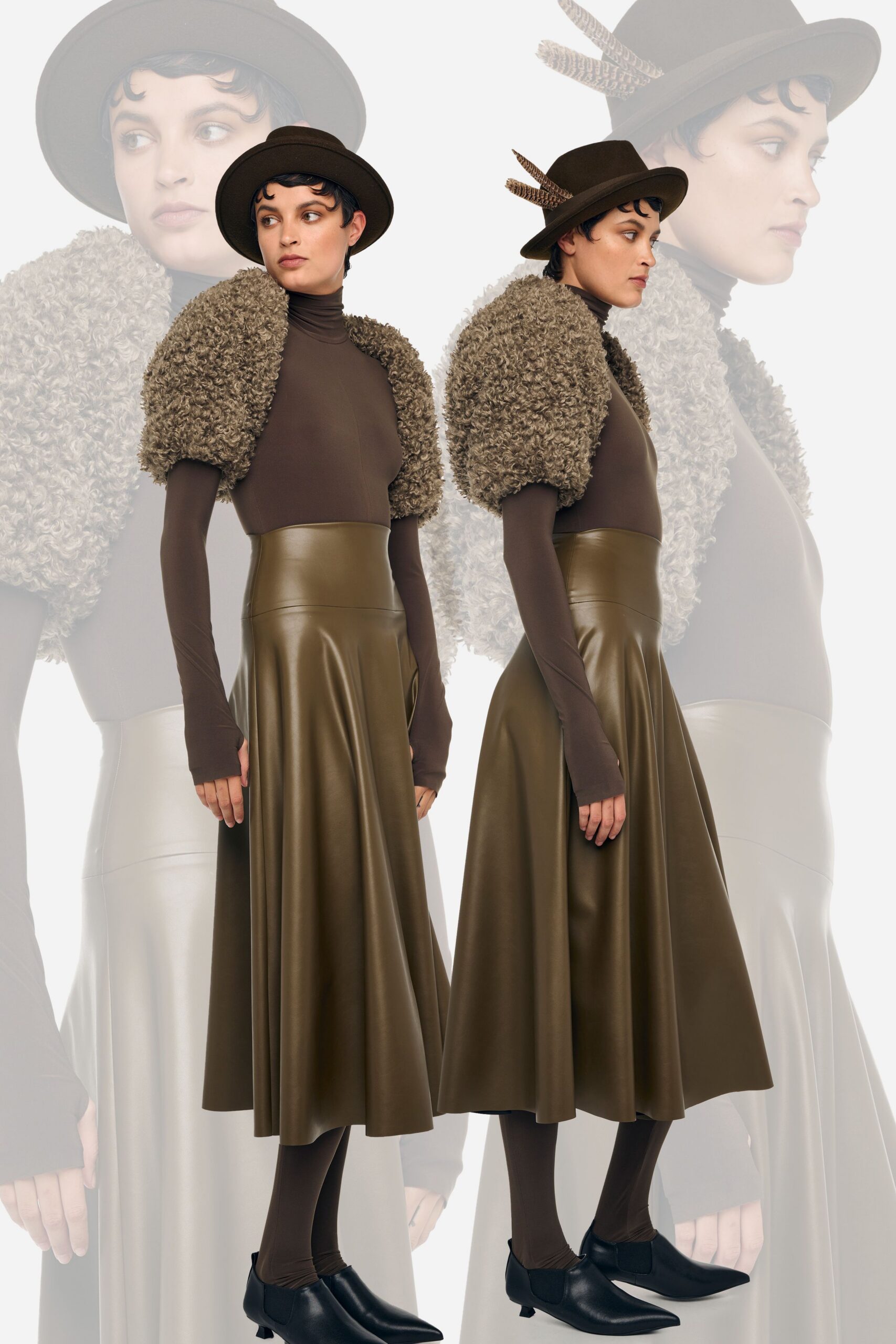 green leather fitted flared midi skirt