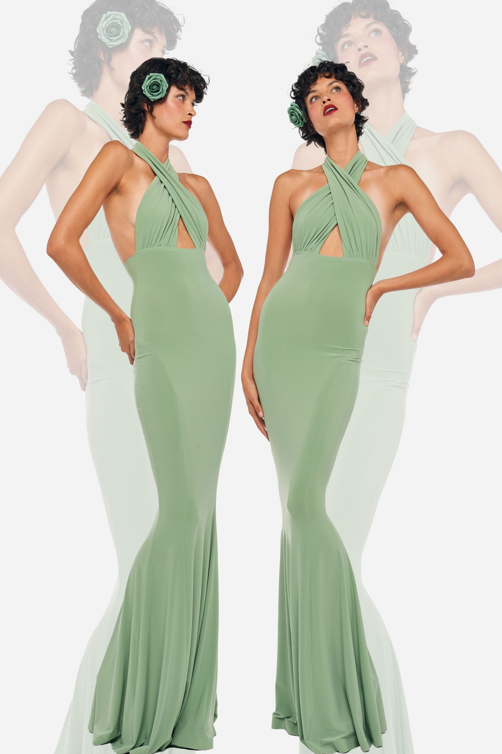 fitted green halter gown